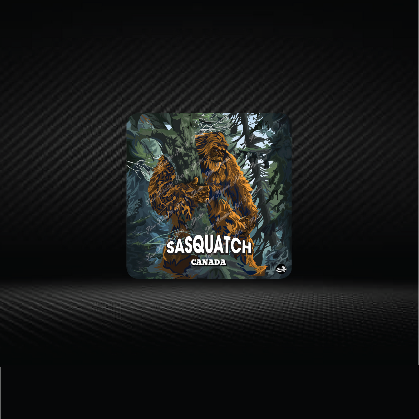 Art coaster featuring a Sasquatch in a forest scene, by New Klondike Arts and Media, showcasing detailed forest and mythical creature artwork.