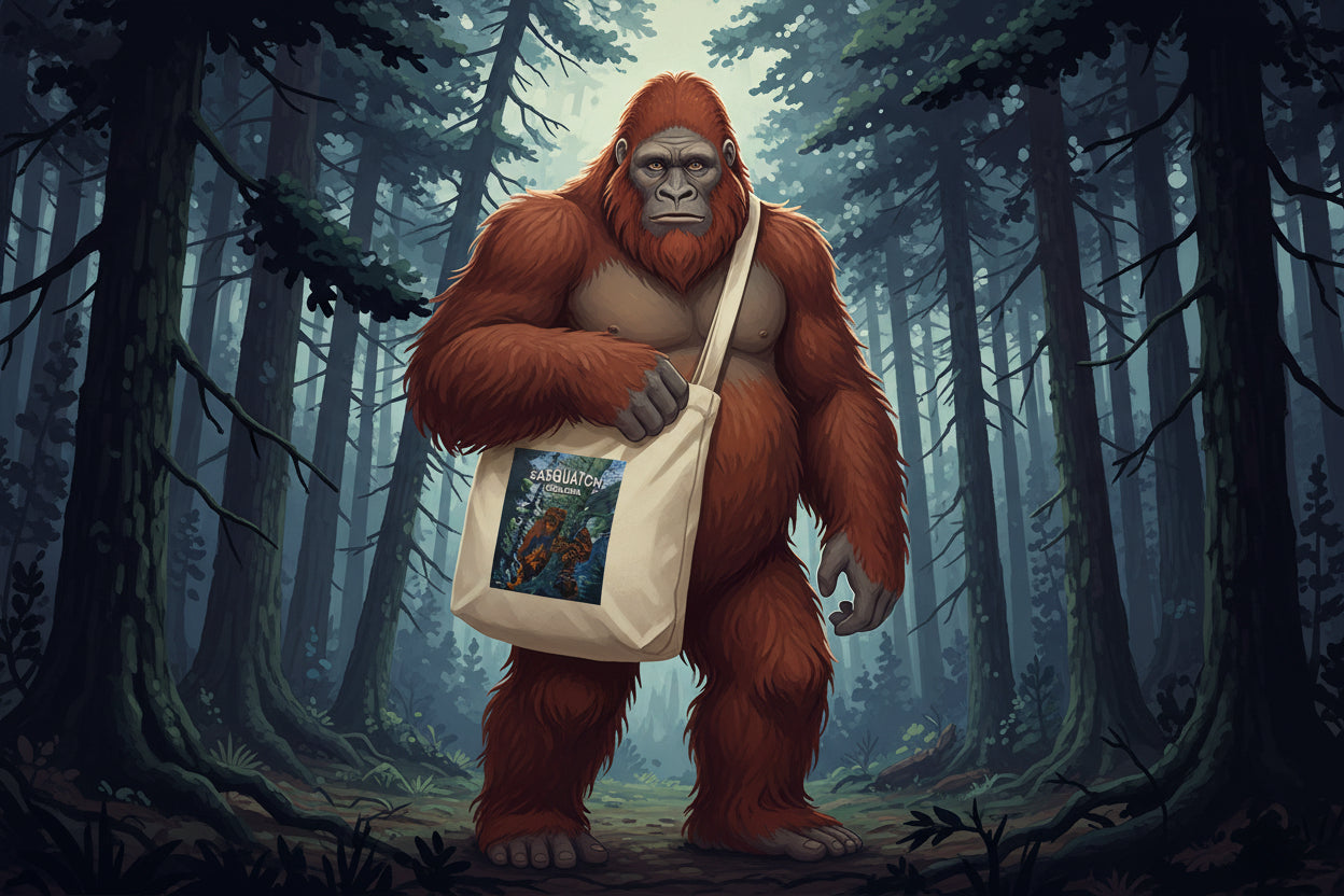 Canvas tote bag featuring a forest scene with Sasquatch, designed by New Klondike Arts and Media.