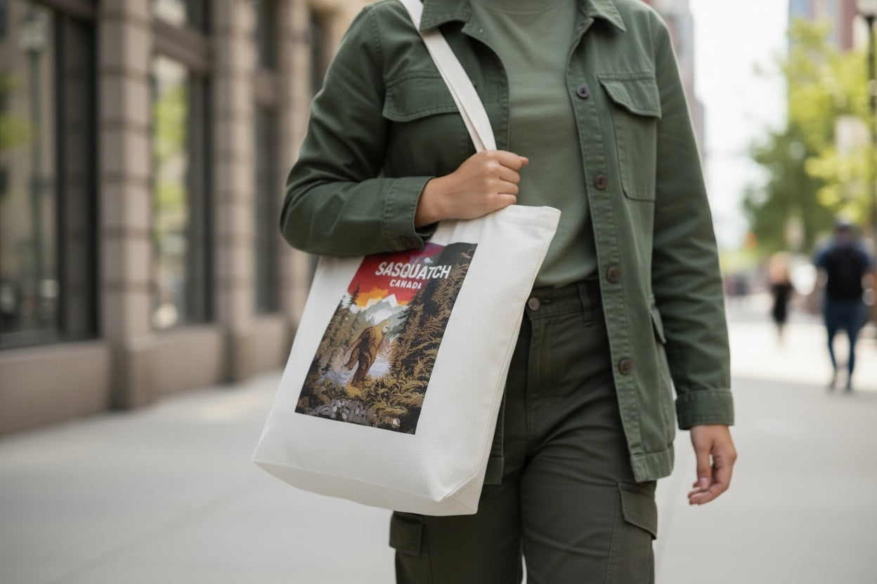 Sasquatch tote bag featuring a lake scene design by New Klondike Arts and Media, showcasing a wilderness motif on a durable fabric tote.