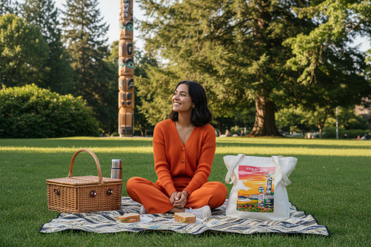 Canvas tote bag featuring a colorful Stanley Park Canada illustration by New Klondike Arts and Media.