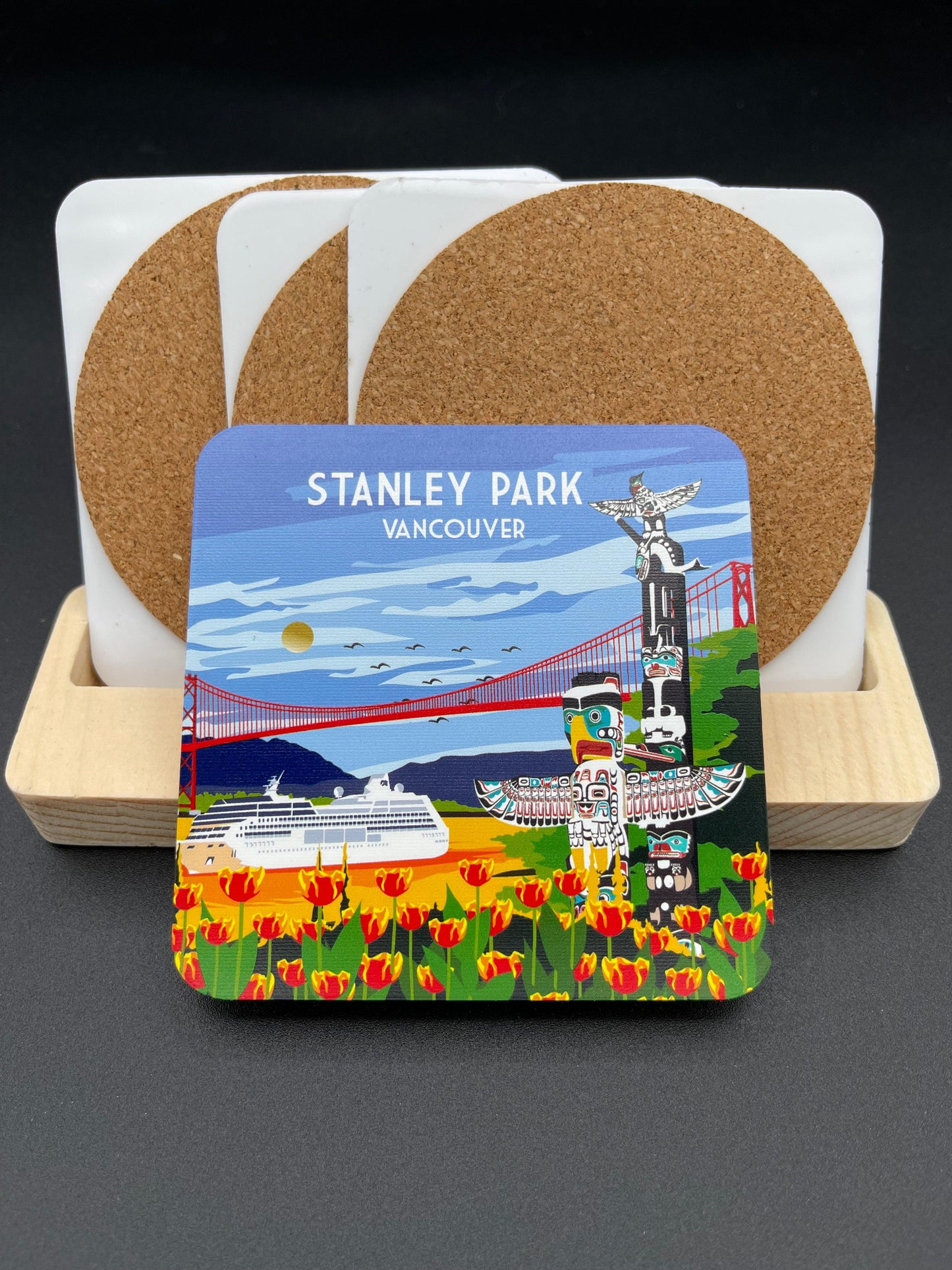 Art coaster featuring a scenic view of Stanley Park in Vancouver, Canada, by New Klondike Arts and Media.