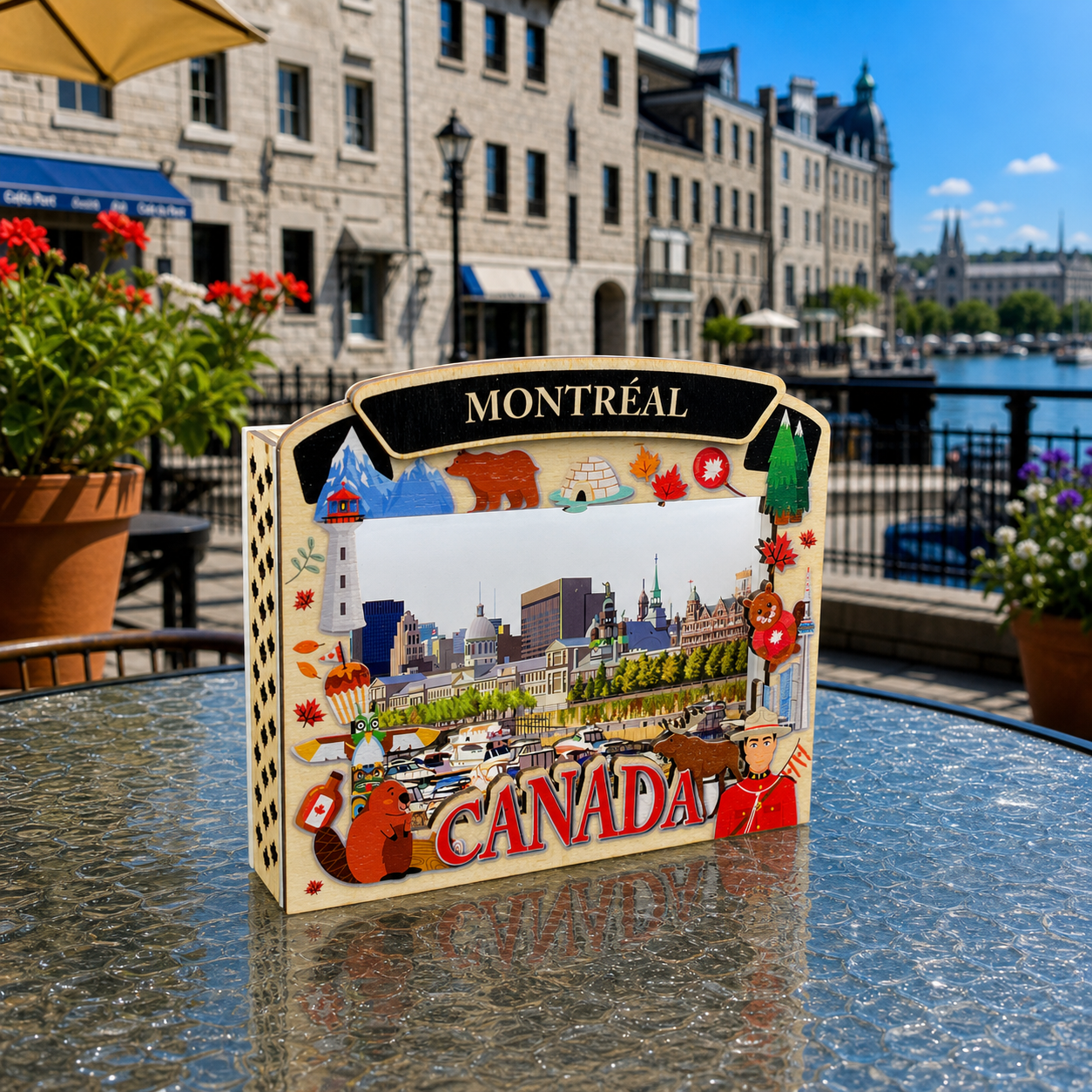 Light Up Shadow Box featuring Montreal Old Port scene by New Klondike Arts and Media, illuminated display with vibrant details.