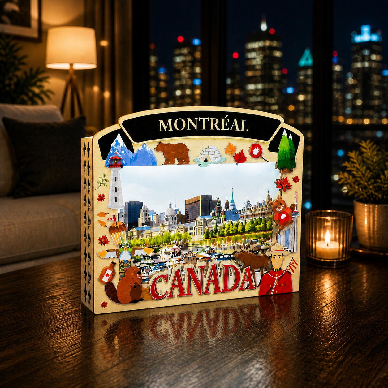 Light Up Shadow Box featuring Montreal Old Port scene by New Klondike Arts and Media with illuminated design and detailed artwork.