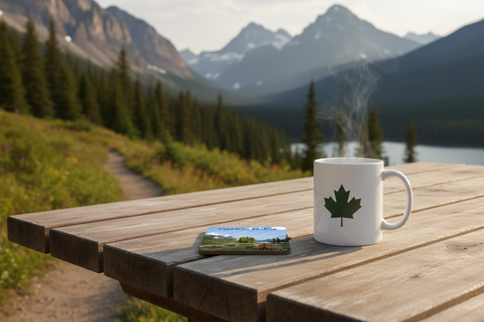 Art coaster featuring a Canadian Rockies bear design by New Klondike Arts and Media, with detailed bear illustration on a coaster.