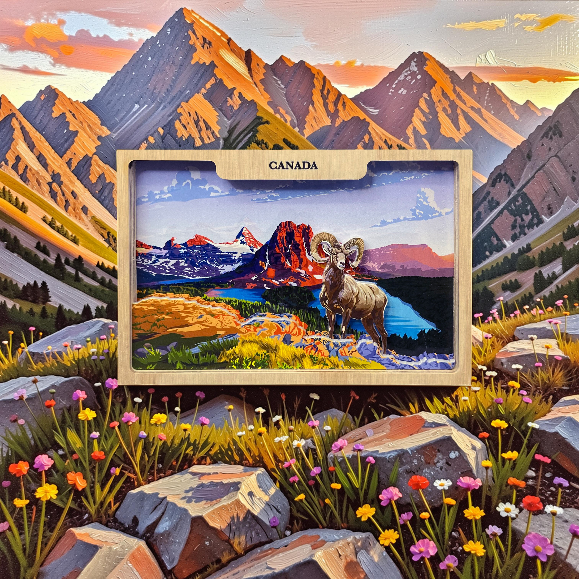 Handmade shadow box featuring a large horn design by New Klondike Arts and Media, showcasing Canadian Rocky-themed artwork.