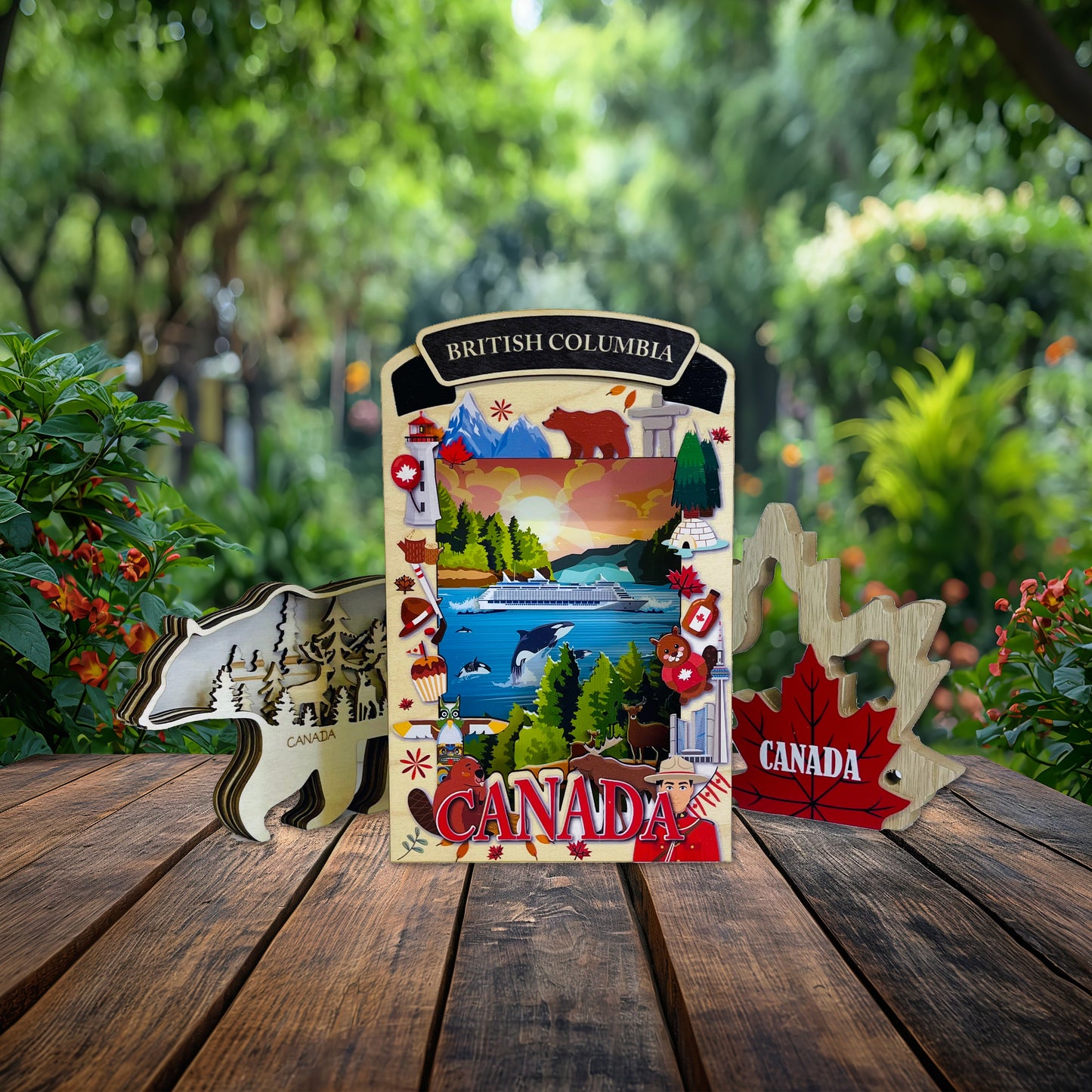 British Columbia shadow box by New Klondike Arts and Media, front view showing detailed artwork without lighting.