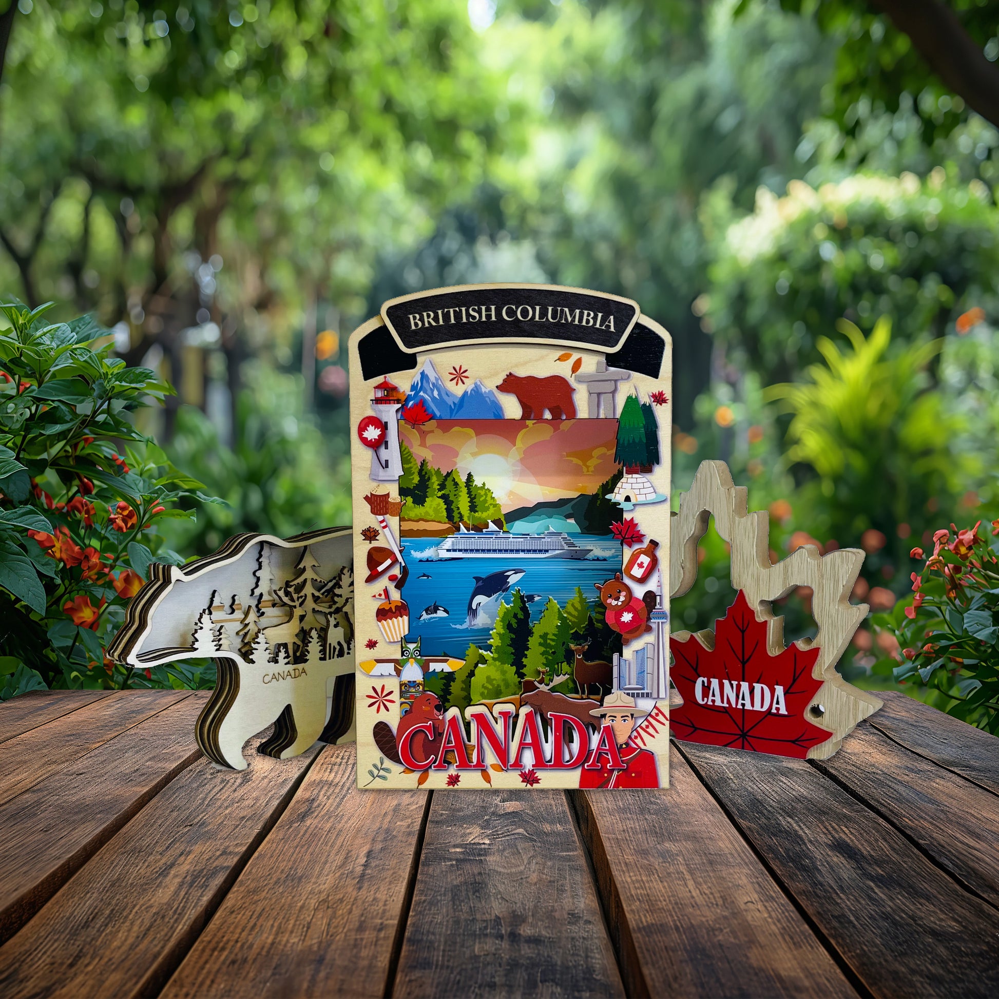 British Columbia shadow box by New Klondike Arts and Media, front view showing detailed artwork without lighting.