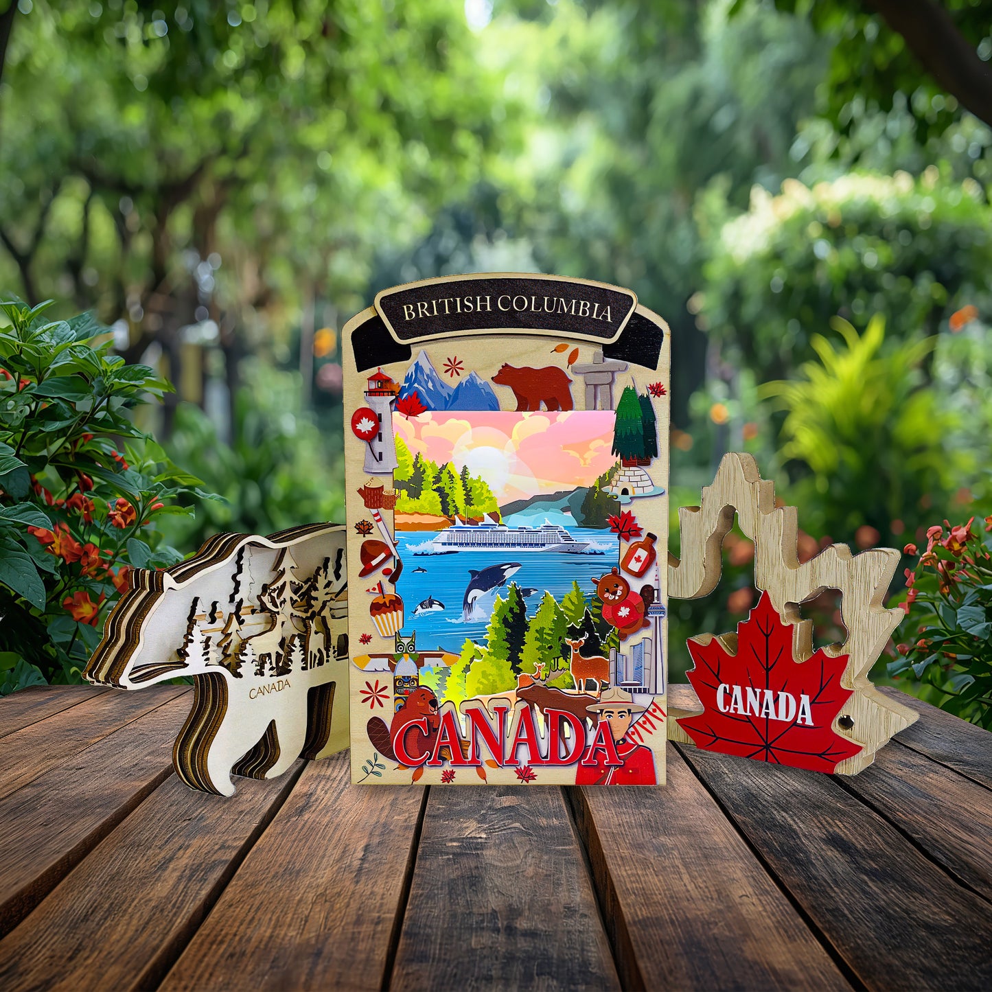 Light up shadow box featuring British Columbia scenery by New Klondike Arts and Media, front view with illuminated design.