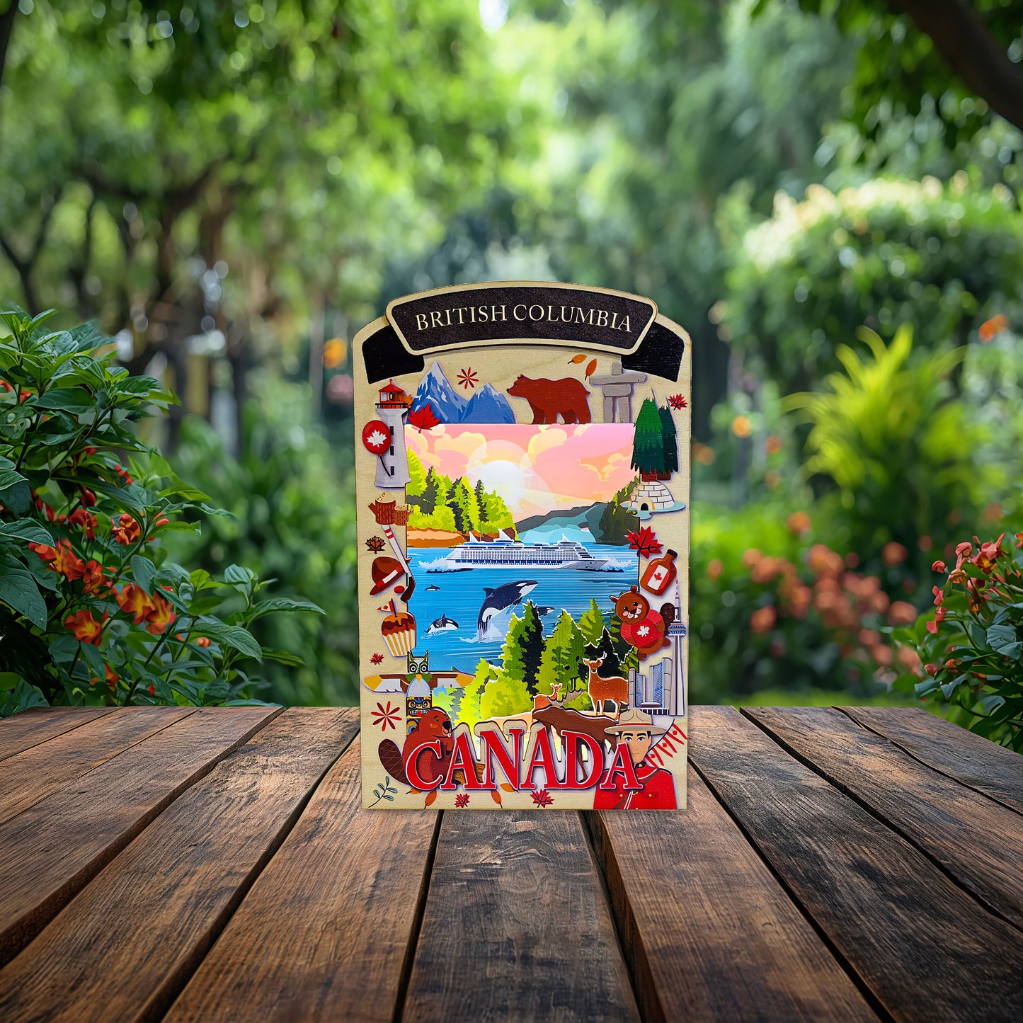 Light up shadow box featuring a scenic British Columbia landscape by New Klondike Arts and Media, front view with illuminated details.
