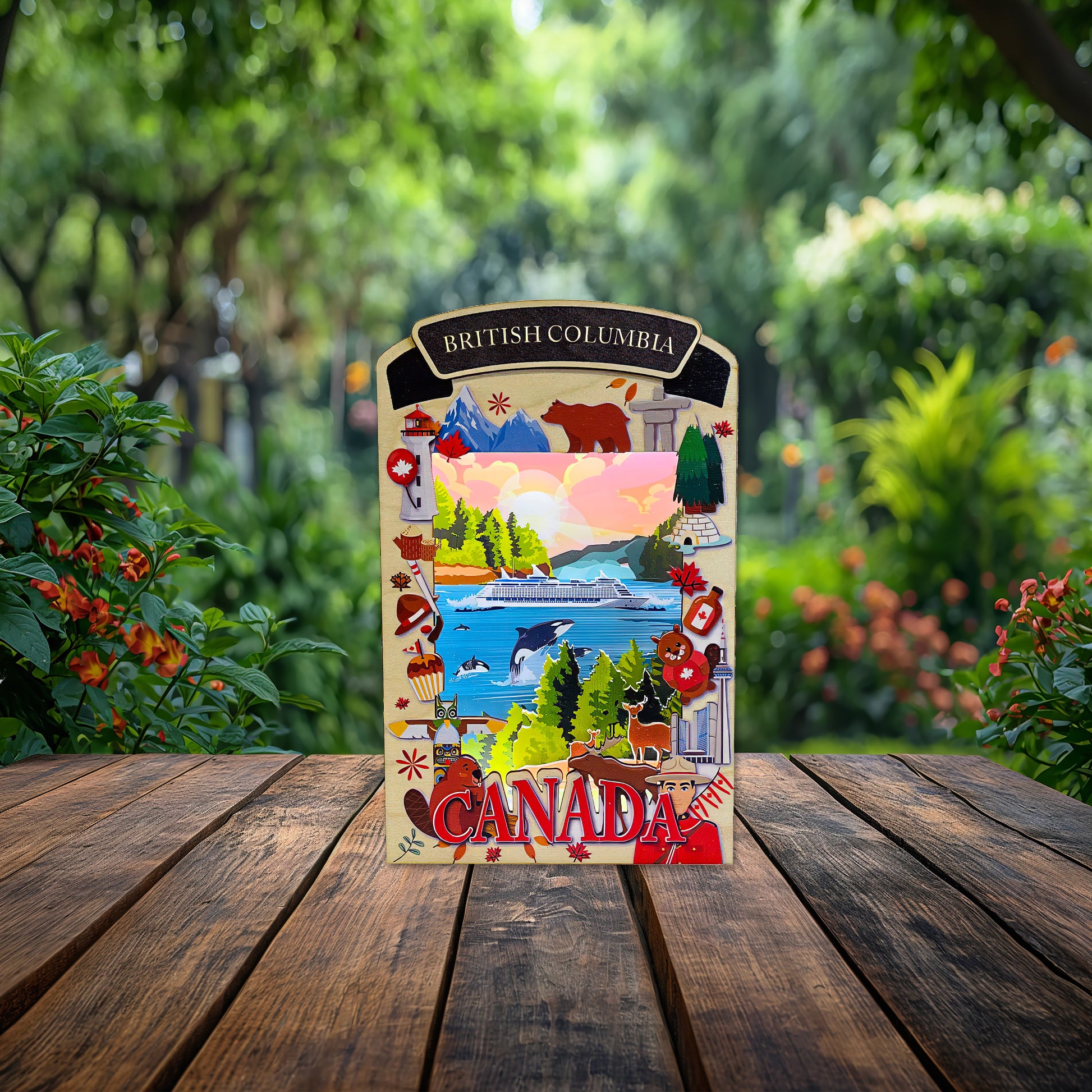 Light up shadow box featuring a scenic British Columbia landscape by New Klondike Arts and Media, front view with illuminated details.