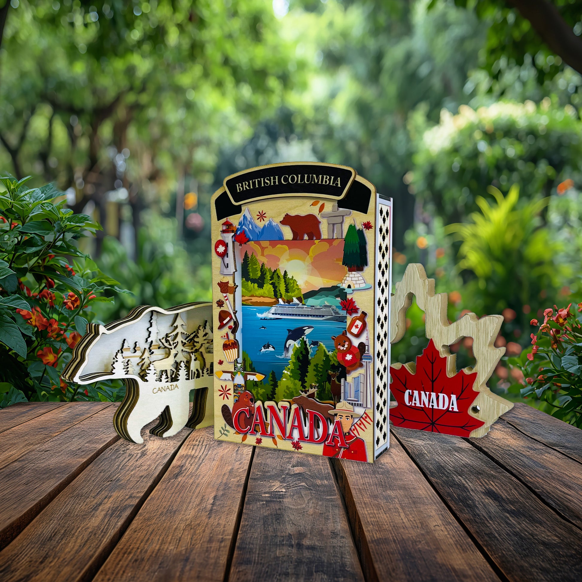 British Columbia shadow box by New Klondike Arts and Media with illuminated design and scenic details, viewed from the right side.