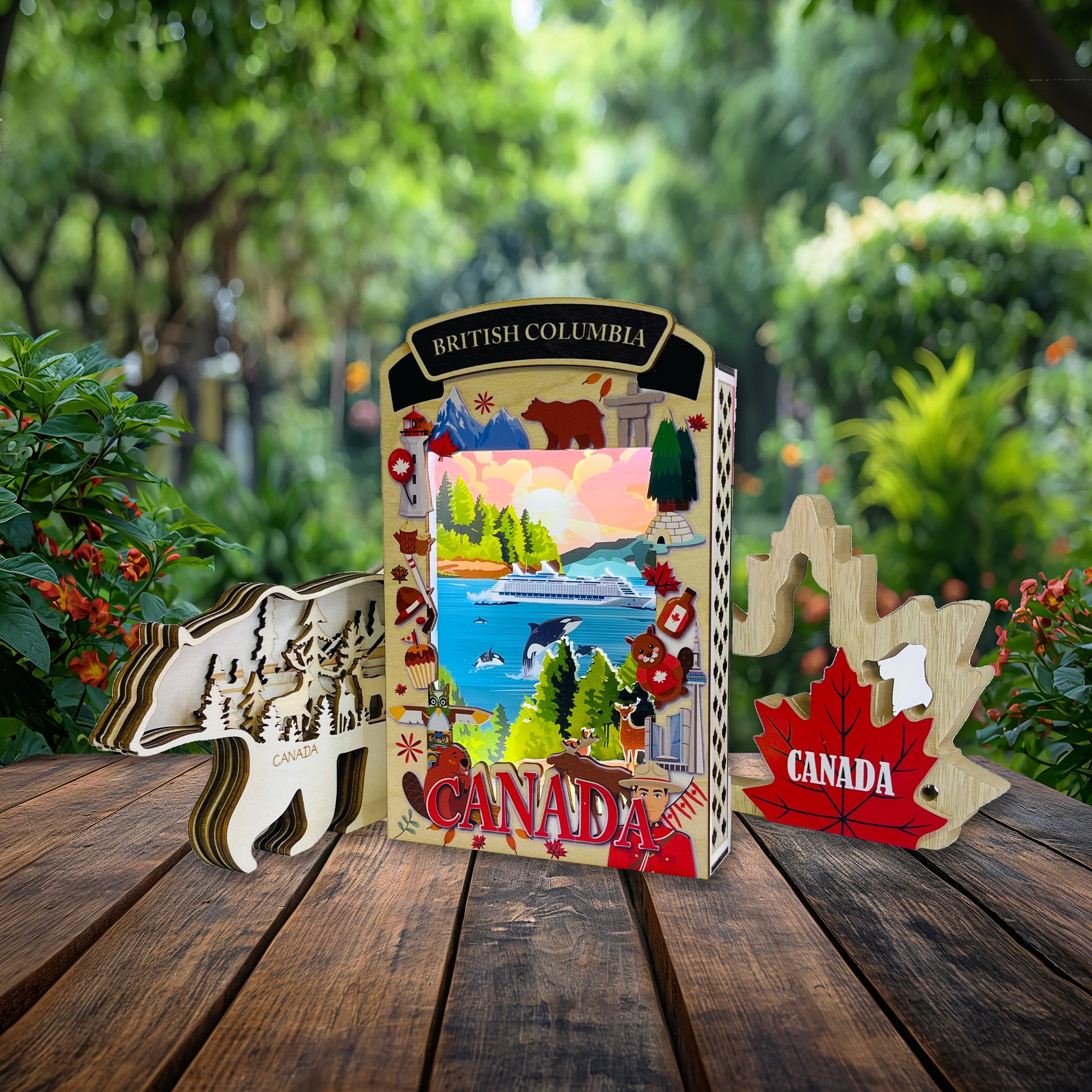 Light-up shadow box featuring British Columbia landscape with illuminated design by New Klondike Arts and Media.