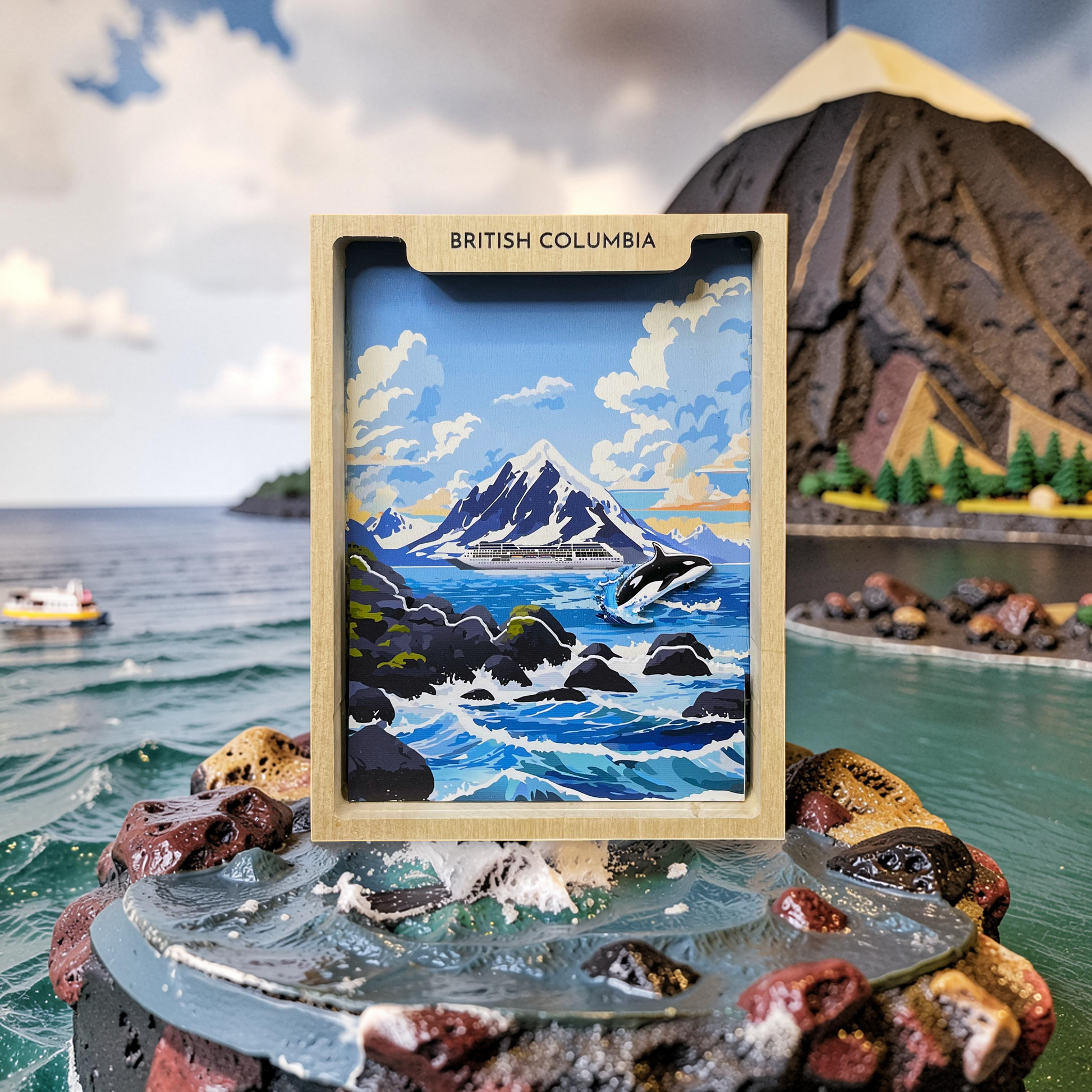 Handmade shadow box featuring British Columbia scenery and an orca whale by New Klondike Arts and Media.