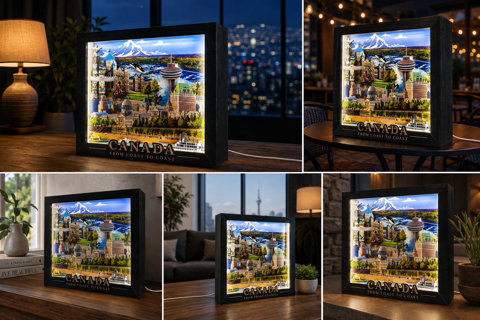 Multiview of Canada From Coast to Coast™ LED Shadow Box by New Klondike Arts and Media showing illuminated map and scenic images inside.