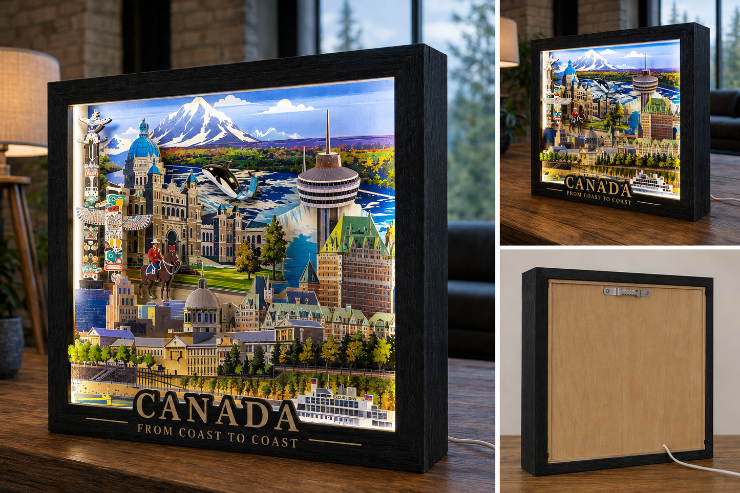 Canada From Coast to Coast™ LED shadow box displaying a detailed map of Canada with illuminated coastlines and interior regions.