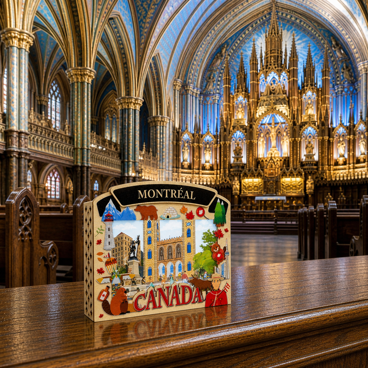 Light Up Shadow Box featuring Montreal's Notre-Dame Basilica, by New Klondike Arts and Media, illuminated display with intricate details.