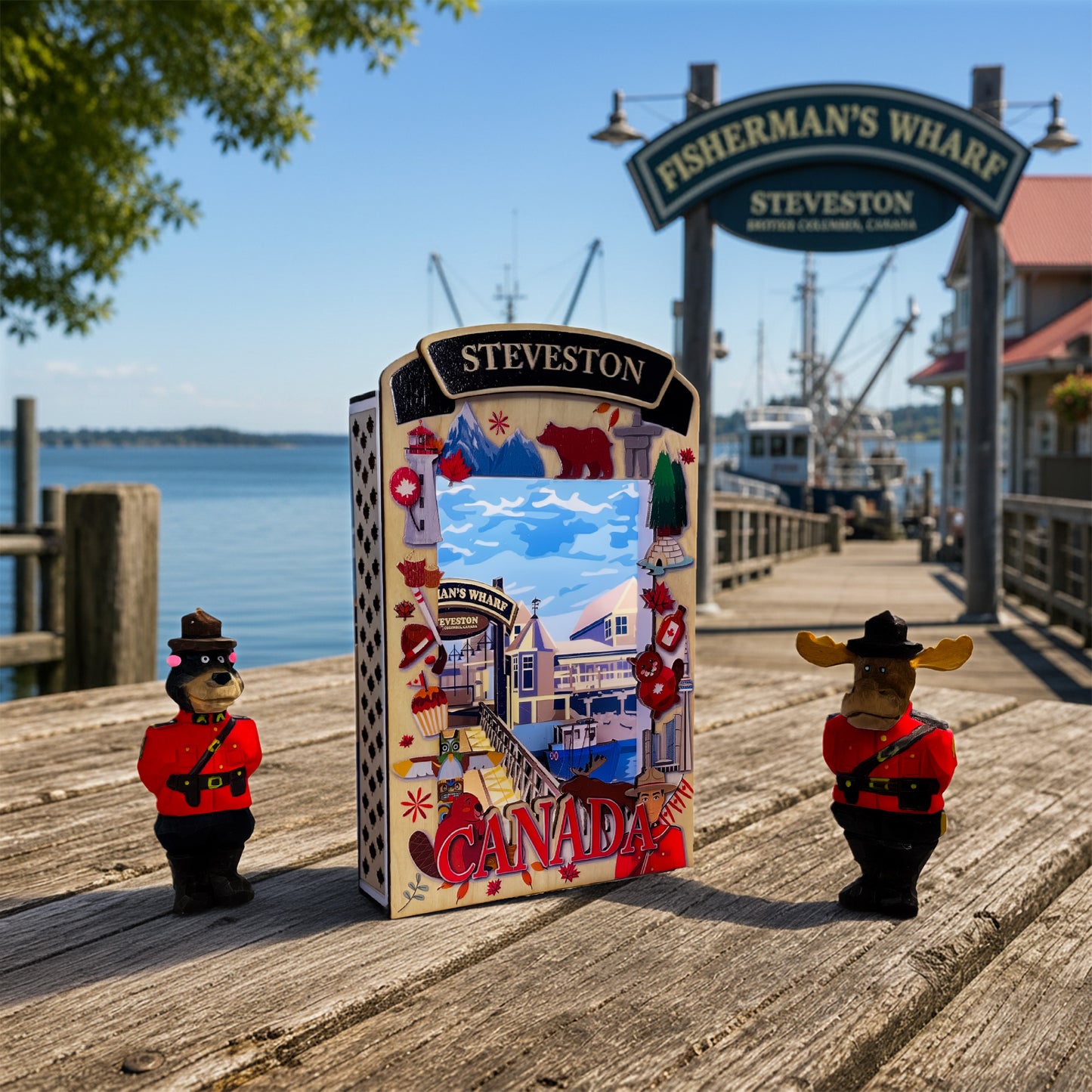 Light Up Shadow Box featuring Steveston Fisherman's Wharf scene by New Klondike Arts and Media, with illuminated maritime details.