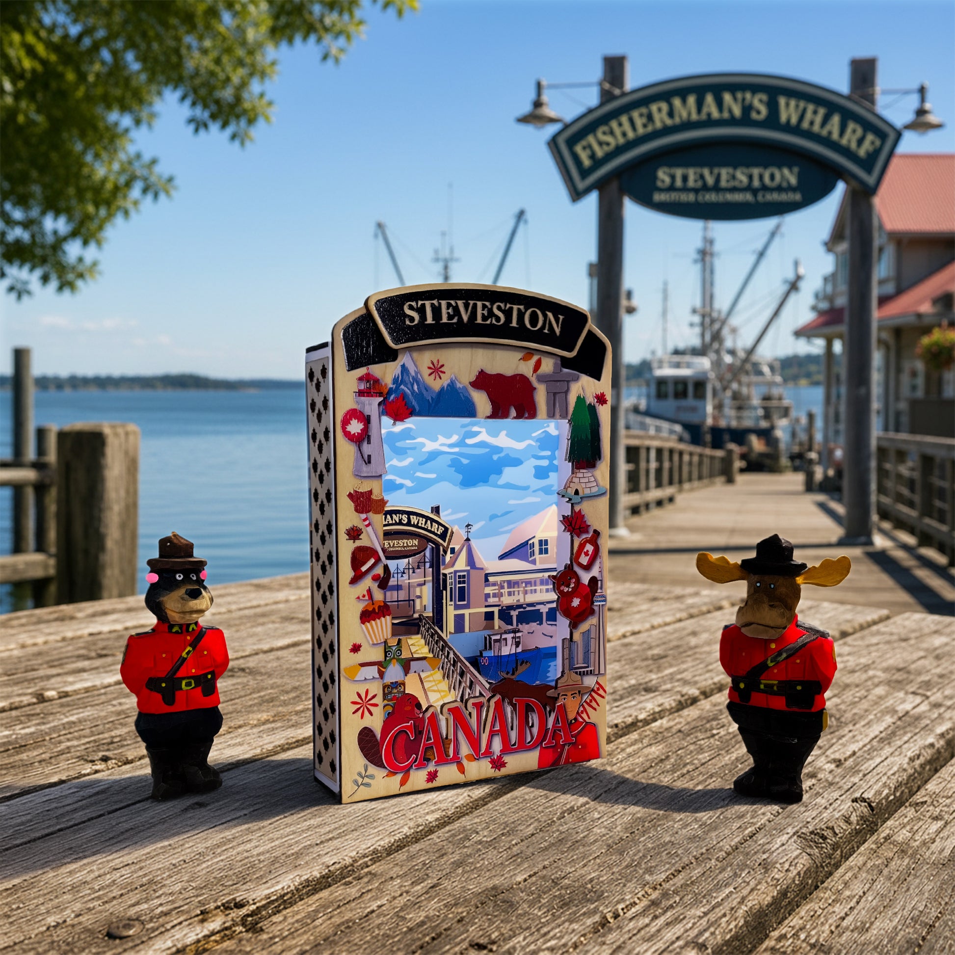 Light Up Shadow Box featuring Steveston Fisherman's Wharf scene by New Klondike Arts and Media, with illuminated maritime details.