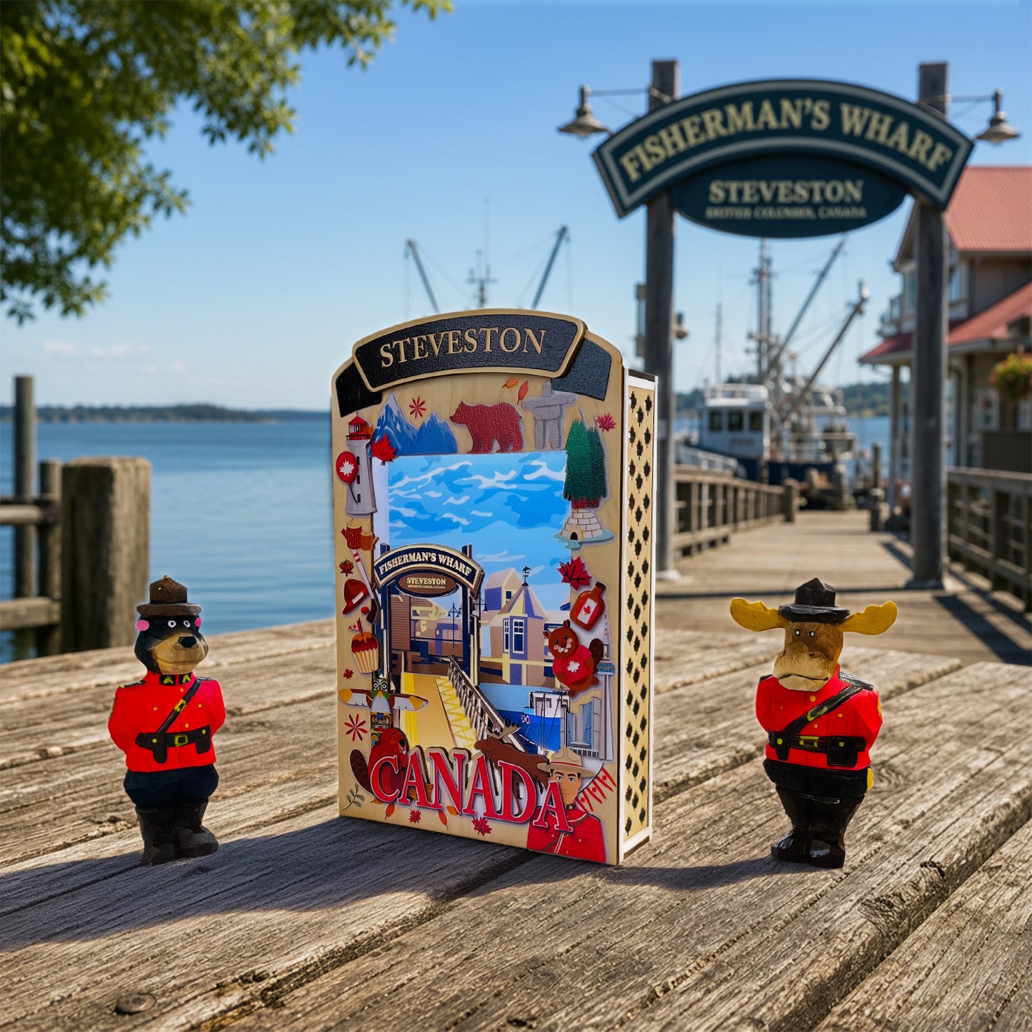 LT Shadow Box featuring a fisherman’s wharf scene, illuminated, by New Klondike Arts and Media, showcasing detailed maritime artwork.