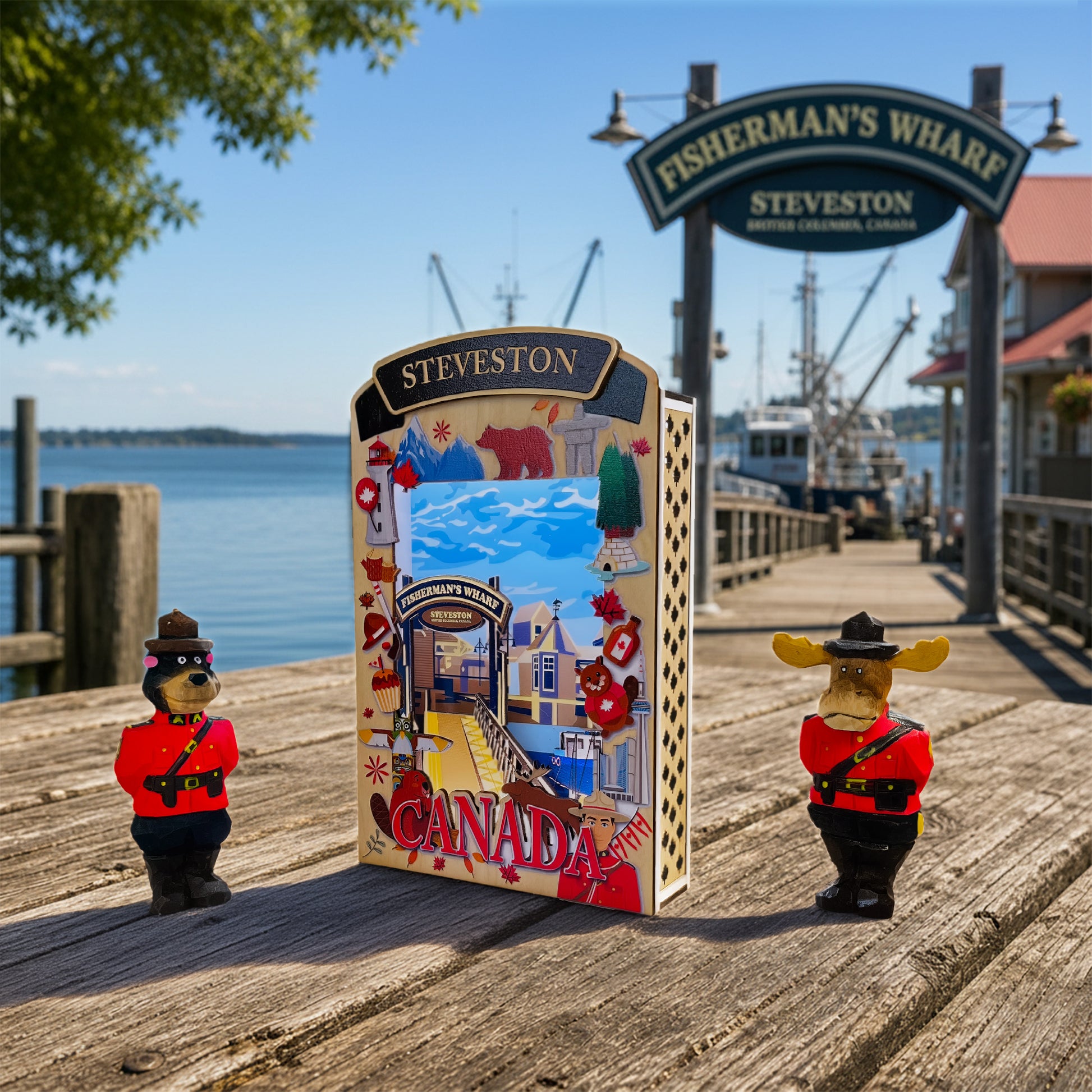 LT Shadow Box featuring a fisherman’s wharf scene, illuminated, by New Klondike Arts and Media, showcasing detailed maritime artwork.