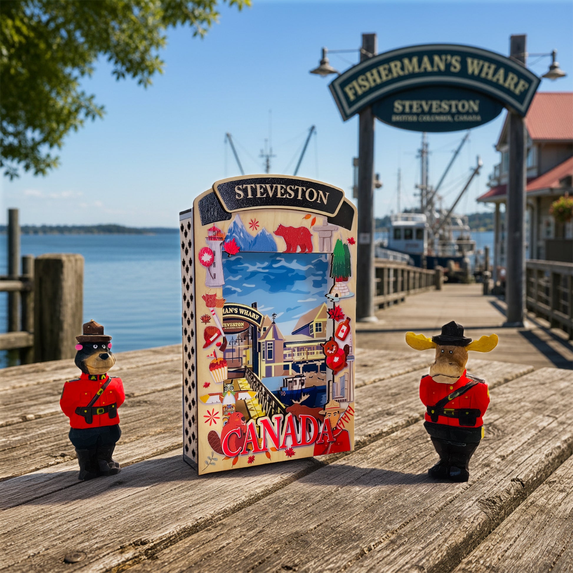 LT Shadow Box featuring a fisherman scene at Steveston Fisherman’s Wharf, crafted by New Klondike Arts and Media.