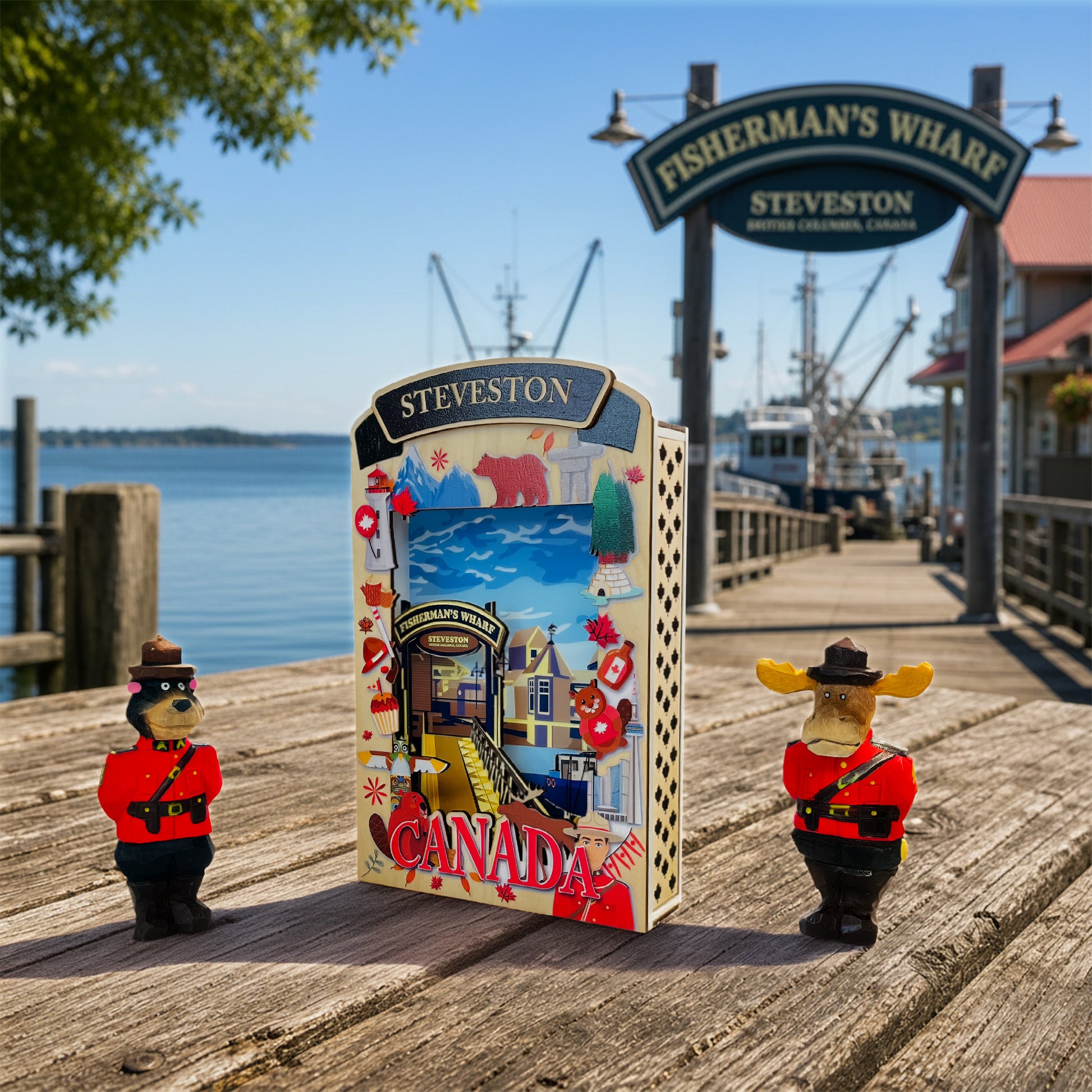 Light Up Shadow Box featuring Steveston Fisherman's Wharf, by New Klondike Arts and Media, with detailed maritime scene and illuminated design.