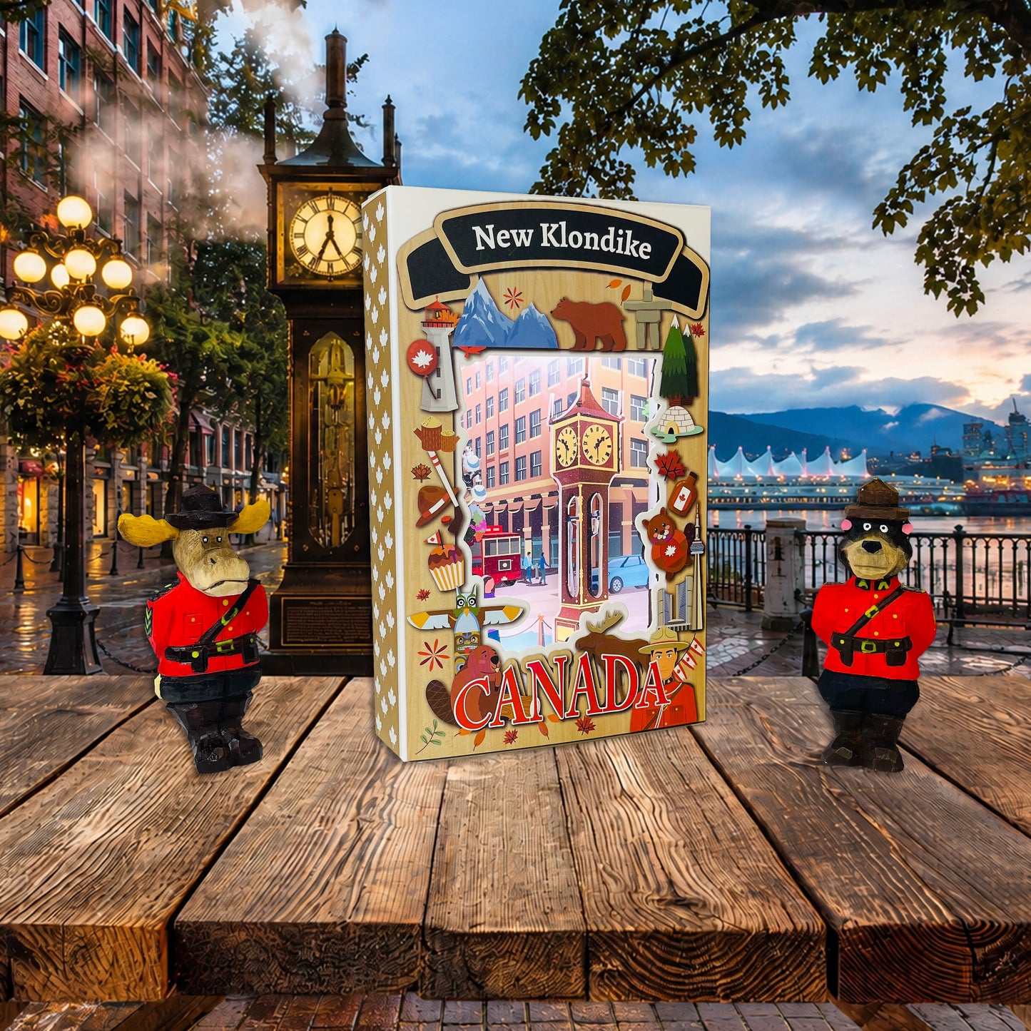 Light Up Shadow Box featuring Gastown scene by New Klondike Arts and Media, illuminated display with vintage cityscape design.