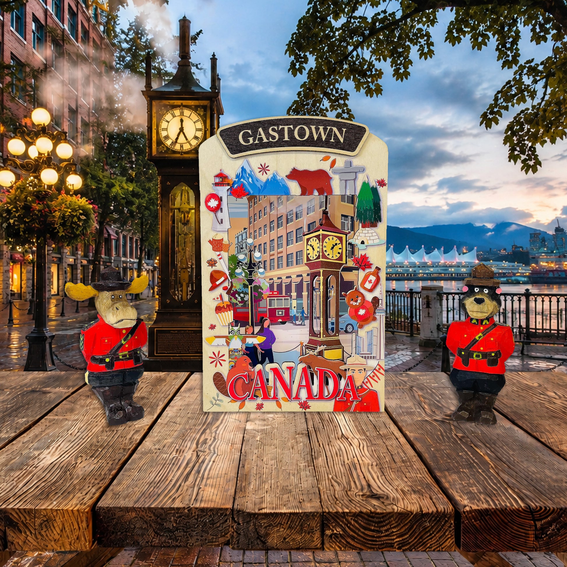 Light up shadow box featuring Gastown scene by New Klondike Arts and Media, with illuminated vintage storefronts and street details.