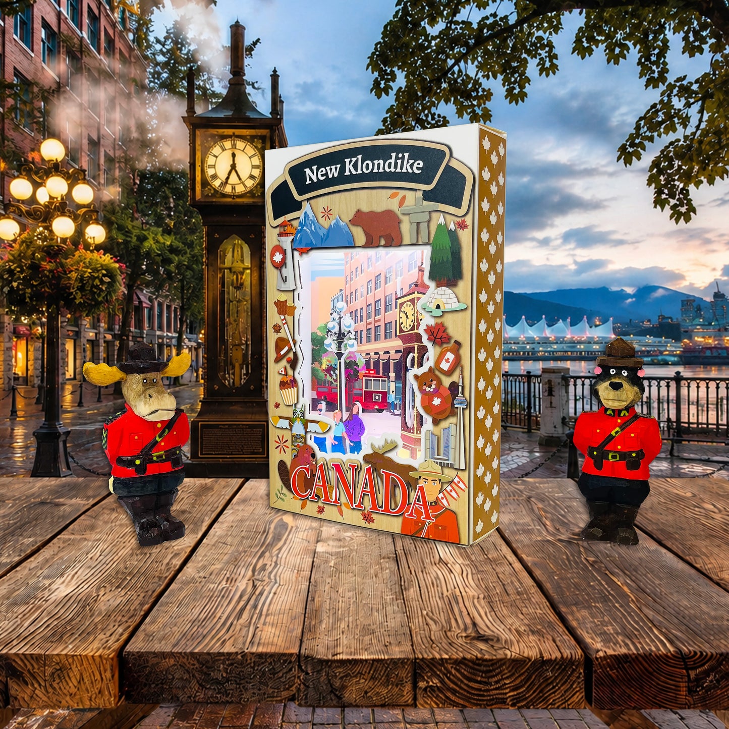 Light Up Shadow Box featuring Gastown scene by New Klondike Arts and Media, illuminated display with vintage cityscape design.