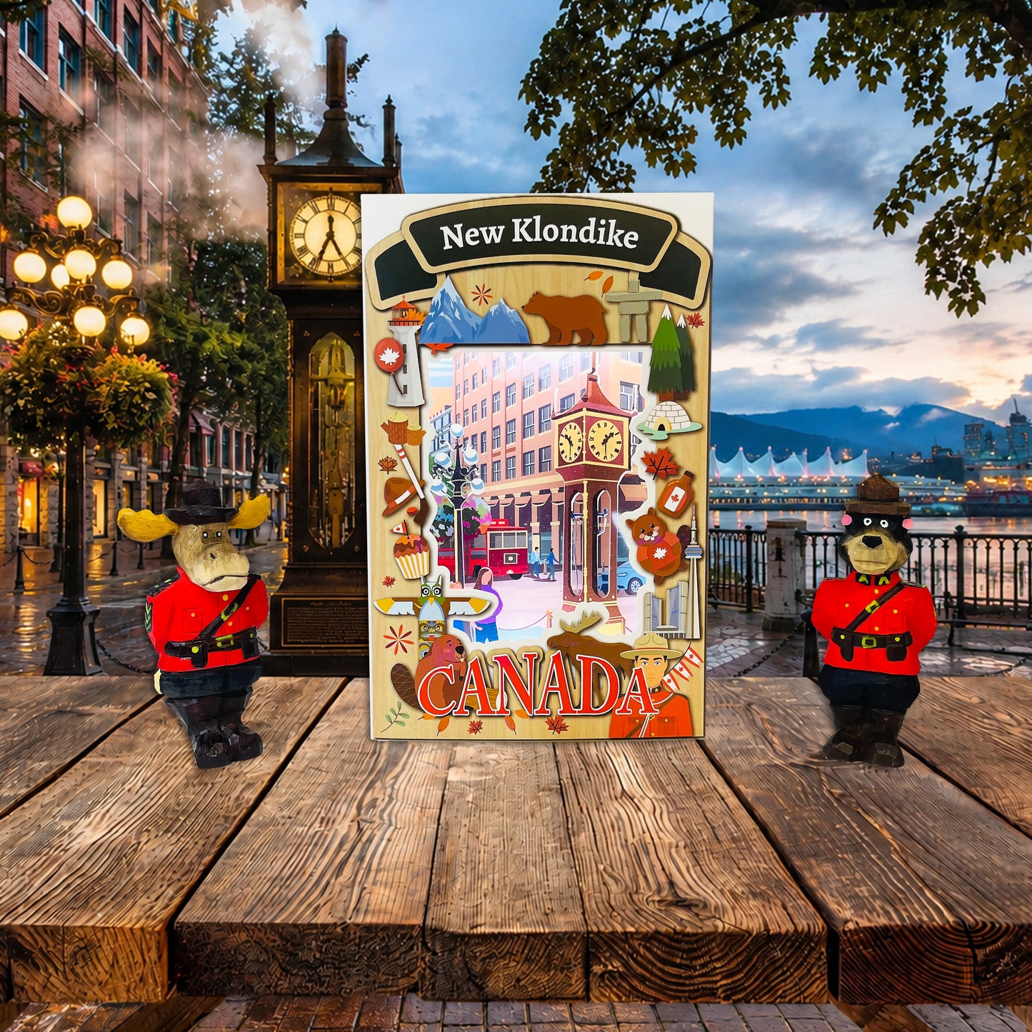 Light up shadow box featuring Gastown design by New Klondike Arts and Media, showcasing illuminated cityscape details.