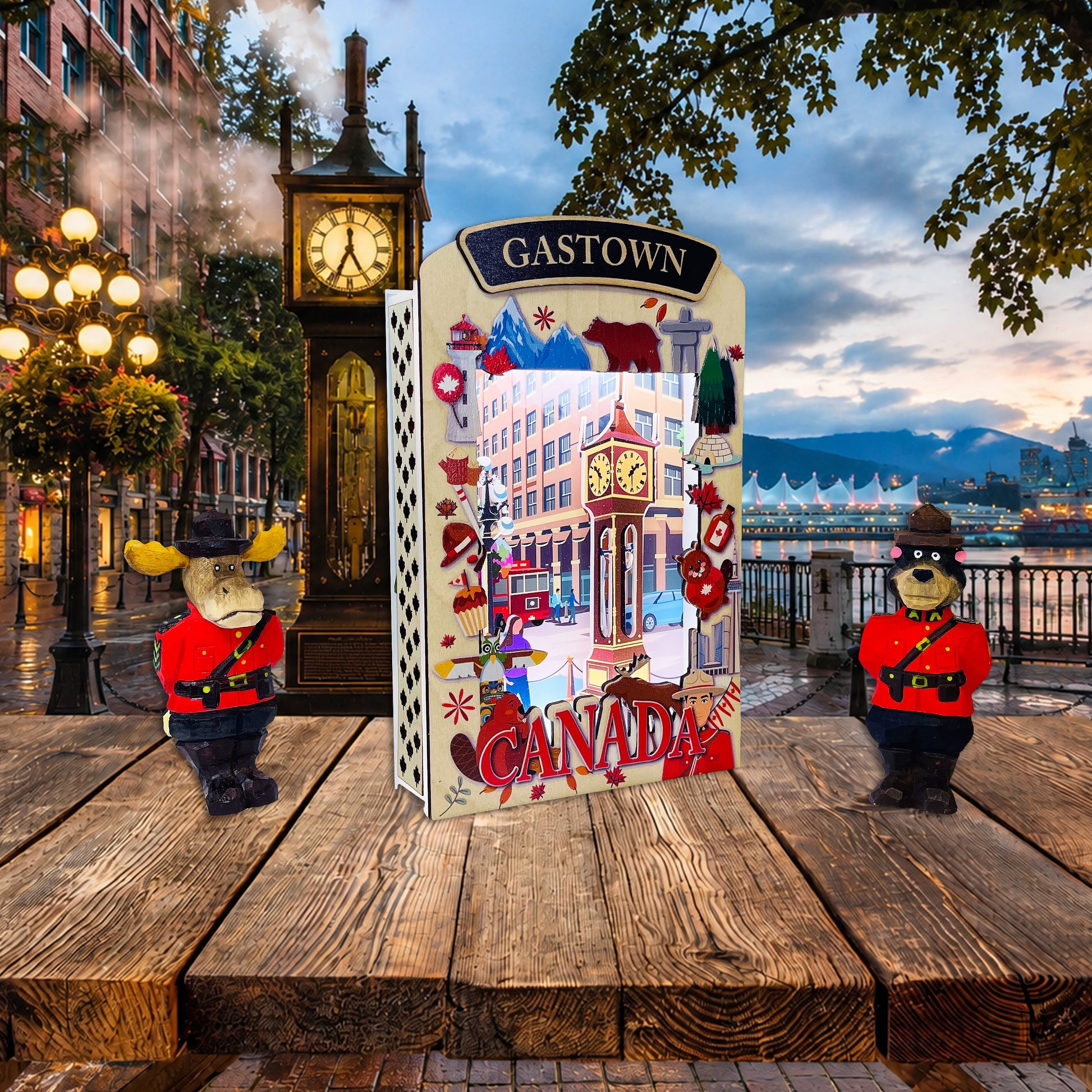 Light Up Shadow Box featuring Gastown scene by New Klondike Arts and Media, showcasing illuminated vintage-style city display