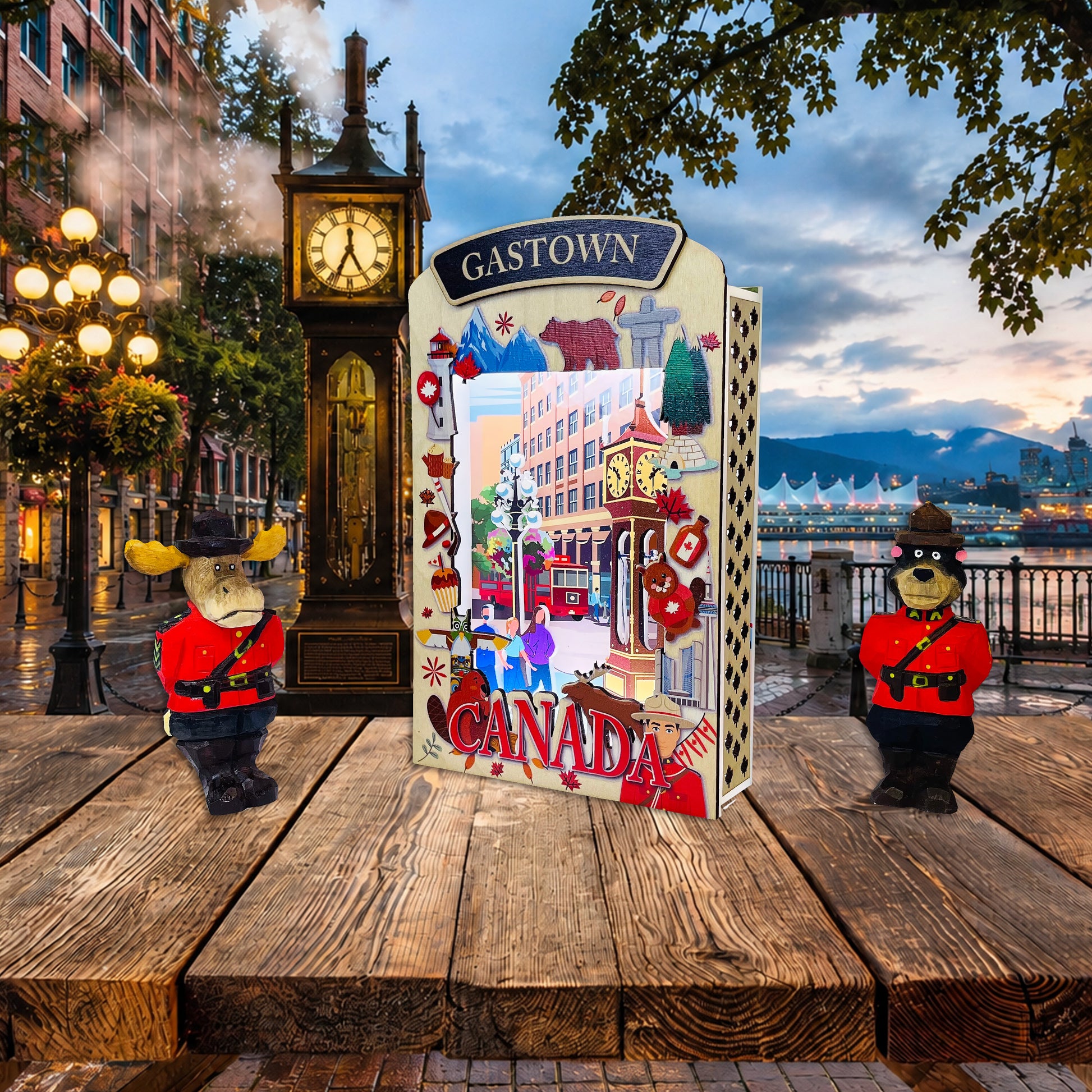 Light Up Shadow Box featuring Gastown design by New Klondike Arts and Media, showcasing illuminated cityscape artwork.