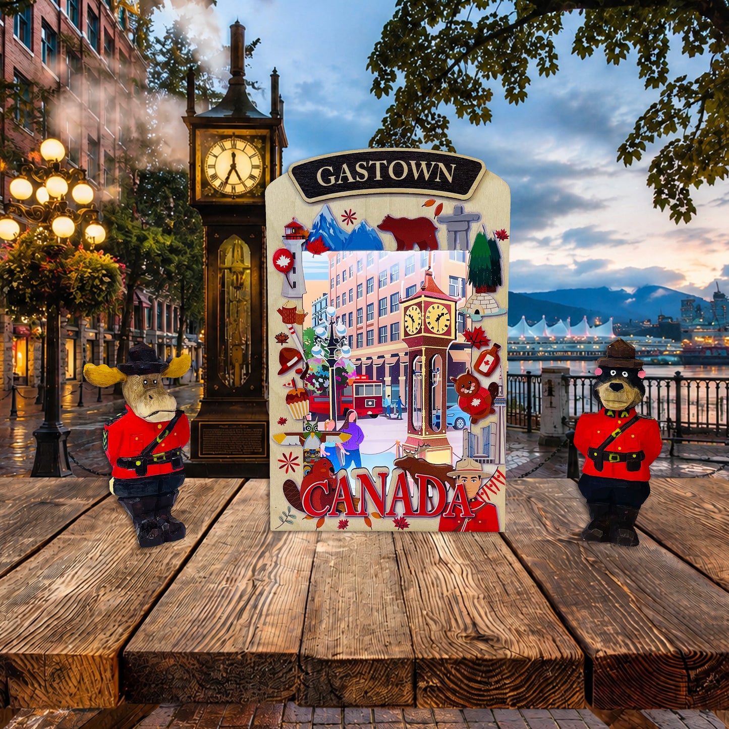 Light Up Shadow Box featuring Gastown scene by New Klondike Arts and Media, showcasing illuminated cityscape artwork.