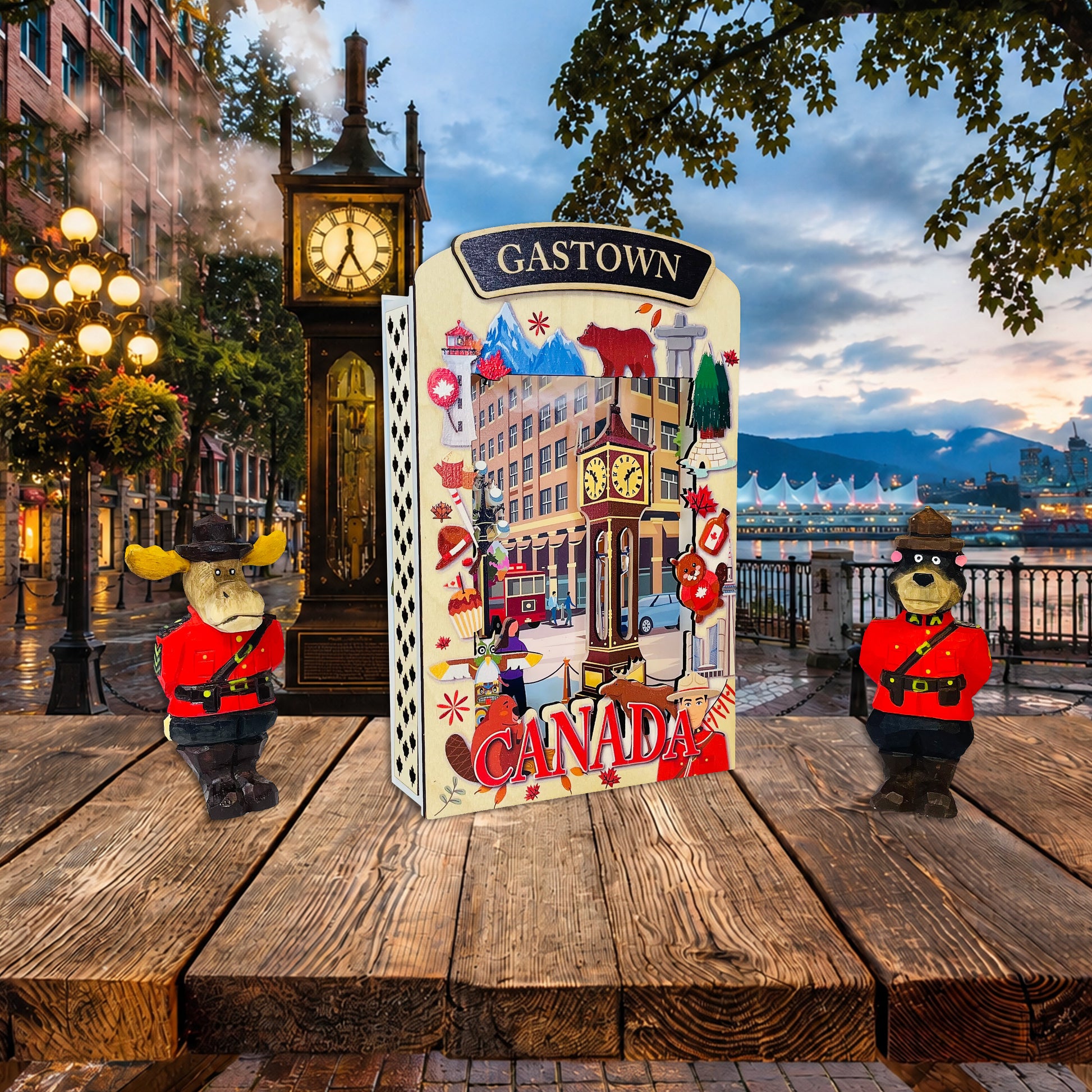 Light Up Shadow Box featuring Gastown design by New Klondike Arts and Media, showcasing illuminated artwork with vibrant details.