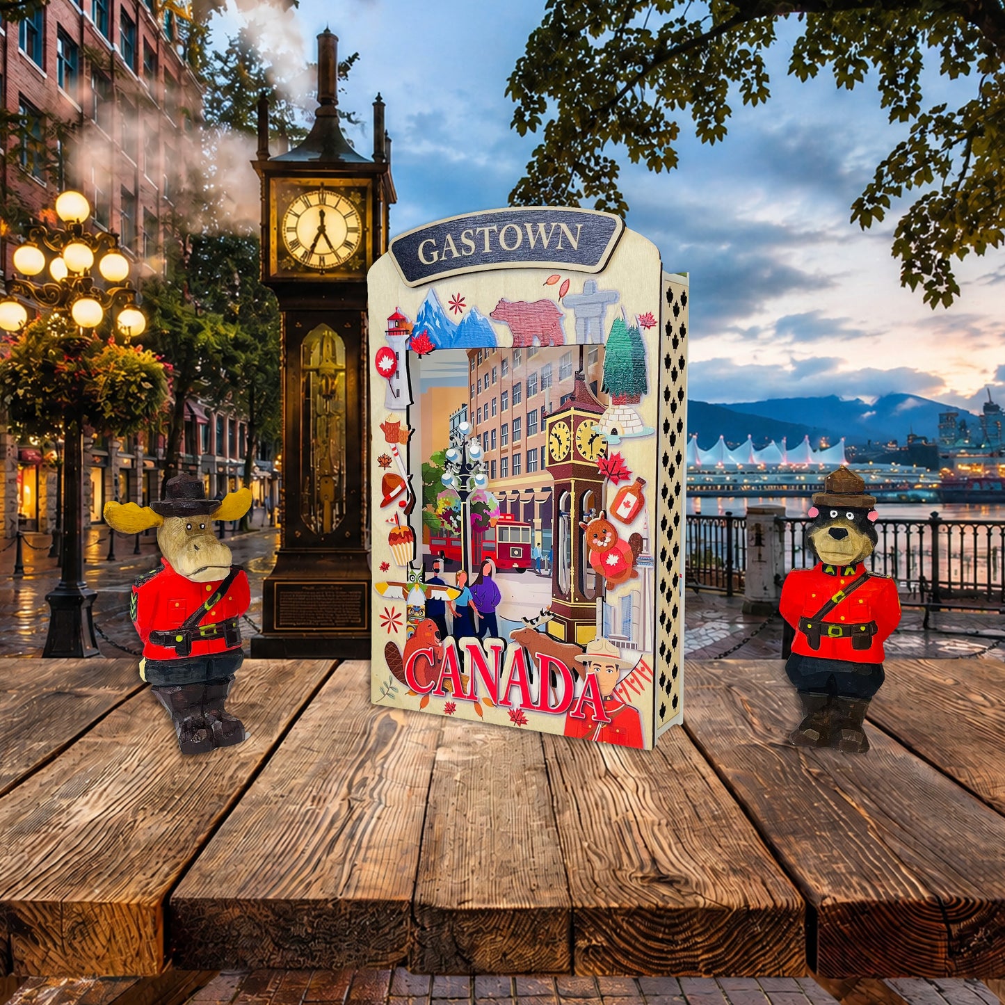 Light Up Shadow Box featuring Gastown scene by New Klondike Arts and Media, showcasing illuminated Vancouver landmark artwork.