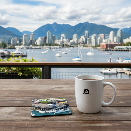 Art coaster featuring Granville Island Vancouver scene by New Klondike Arts and Media, with vibrant colors and detailed cityscape design.