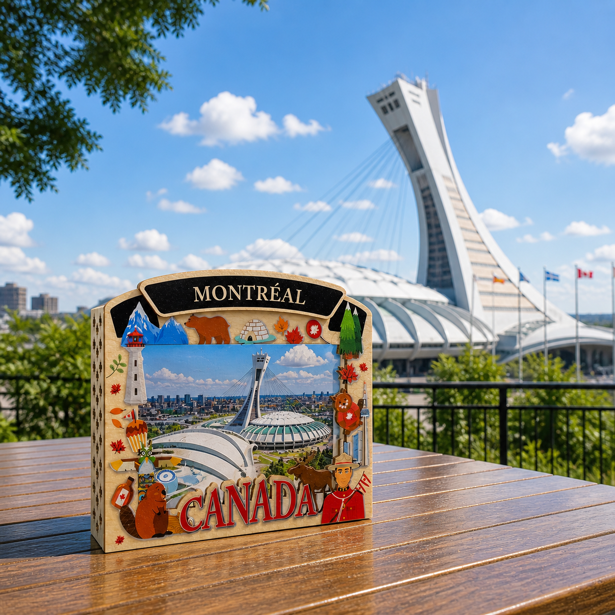Light up shadow box featuring Montreal Olympic Stadium by New Klondike Arts and Media, illuminated display with detailed structure.