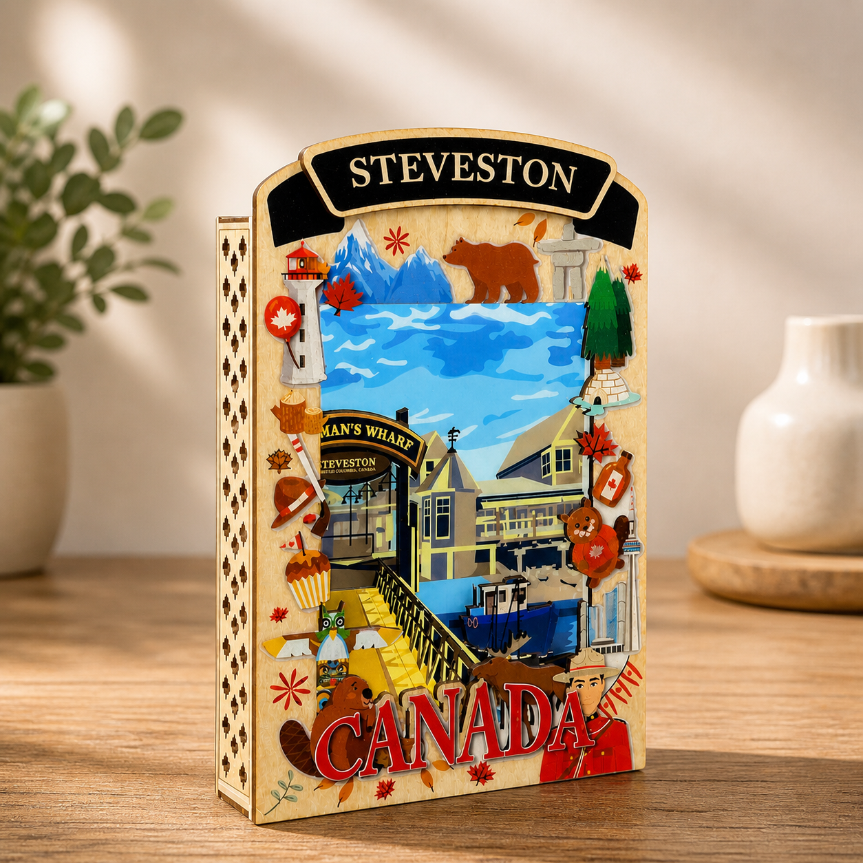 Light Up Shadow Box featuring Steveston Fisherman's Wharf scene by New Klondike Arts and Media, illuminated display with detailed craftsmanship.
