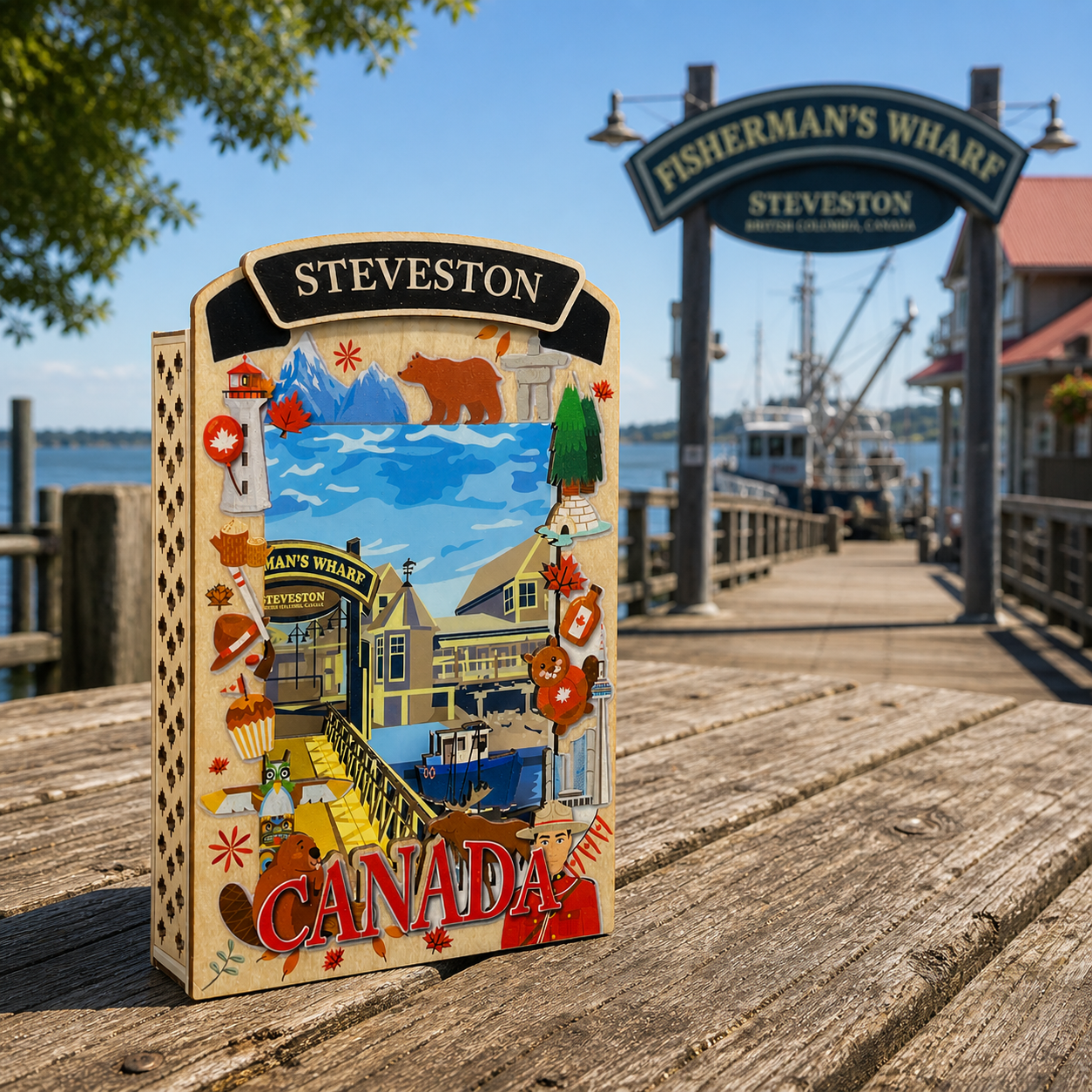 Light Up Shadow Box featuring Steveston Fisherman’s Wharf scene by New Klondike Arts and Media, with illuminated lighthouse and boats.