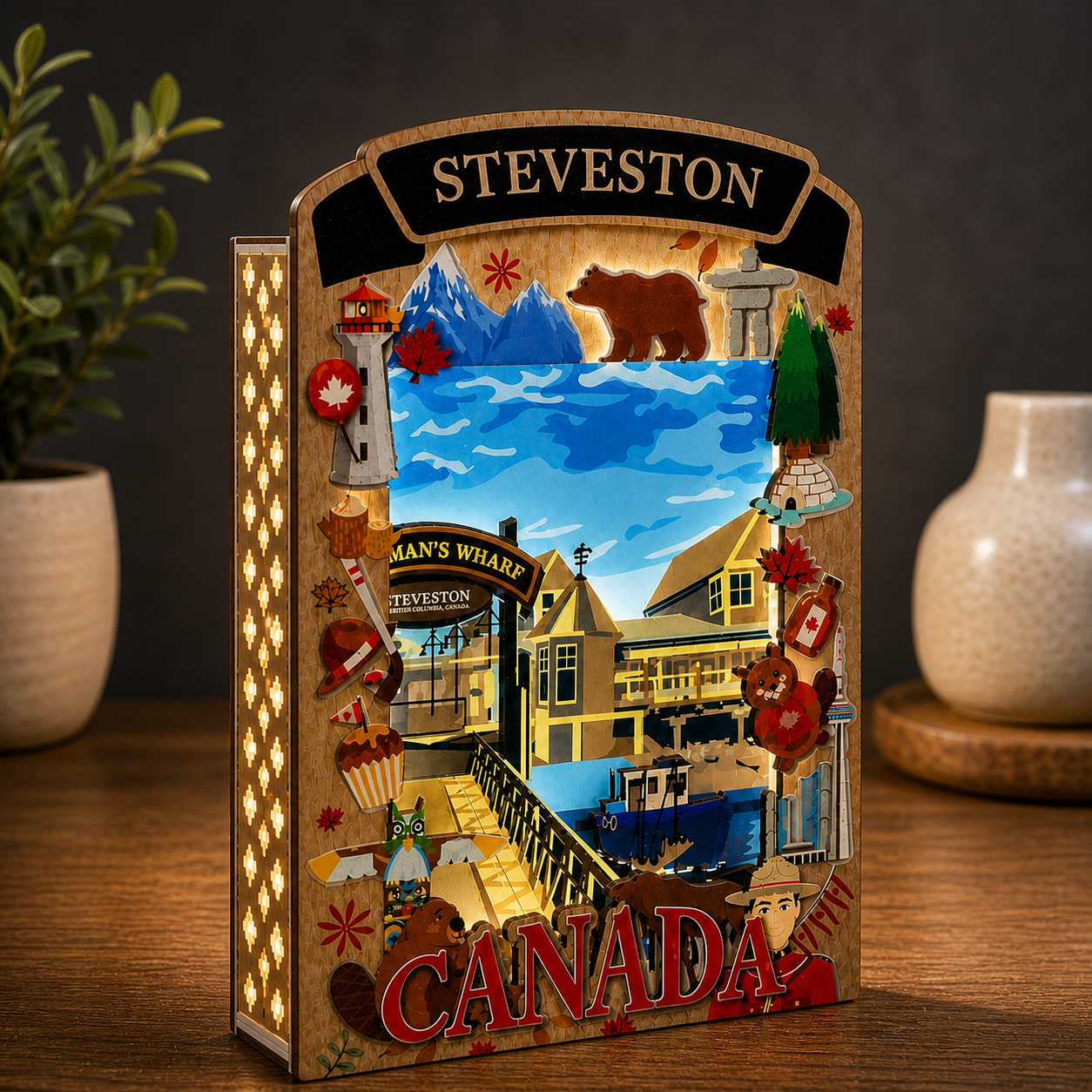 Light Up Shadow Box featuring Steveston Fisherman’s Wharf, created by New Klondike Arts and Media, with illuminated coastal scene.
