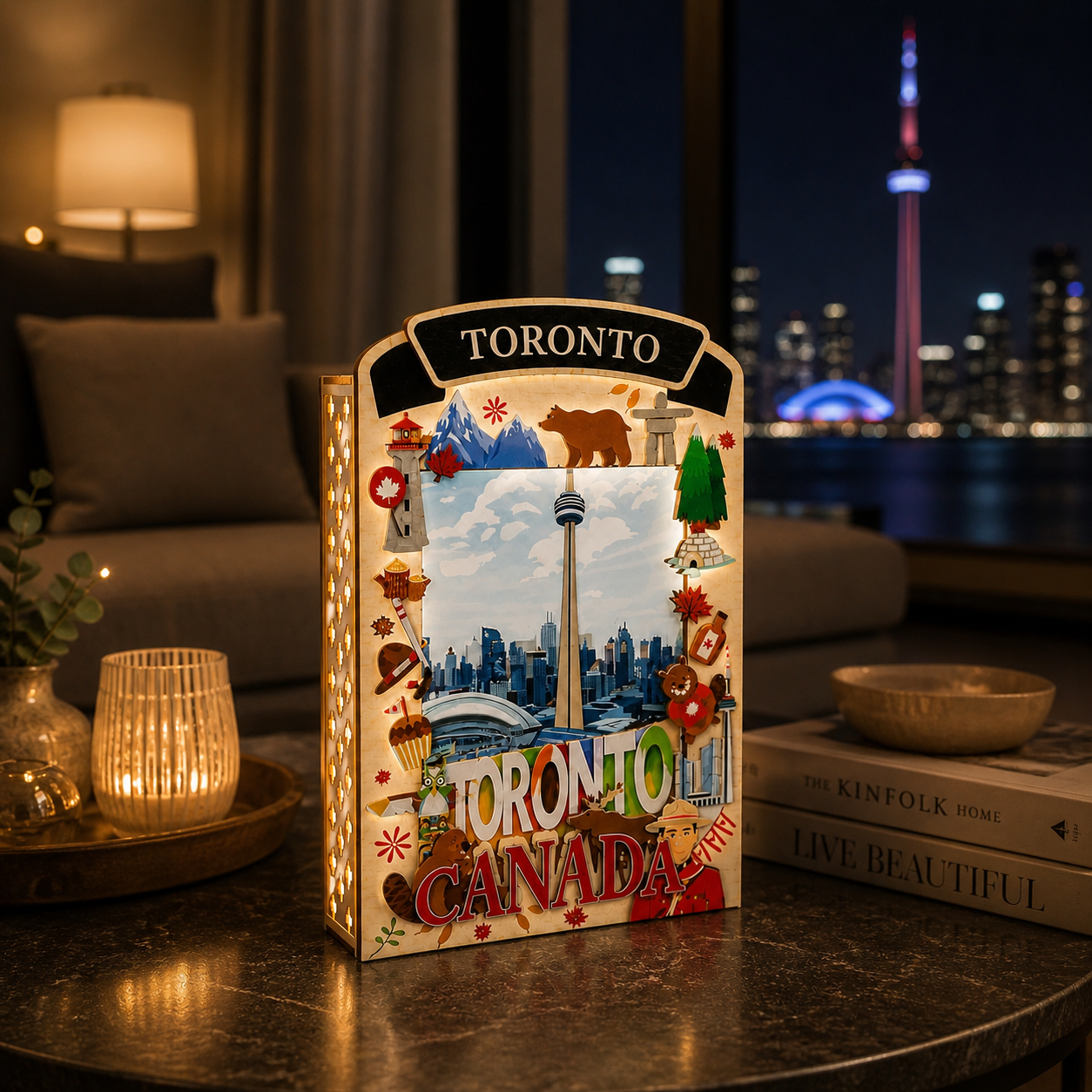 Light Up Shadow Box featuring the Toronto CN Tower by New Klondike Arts and Media, illuminated display with detailed design.
