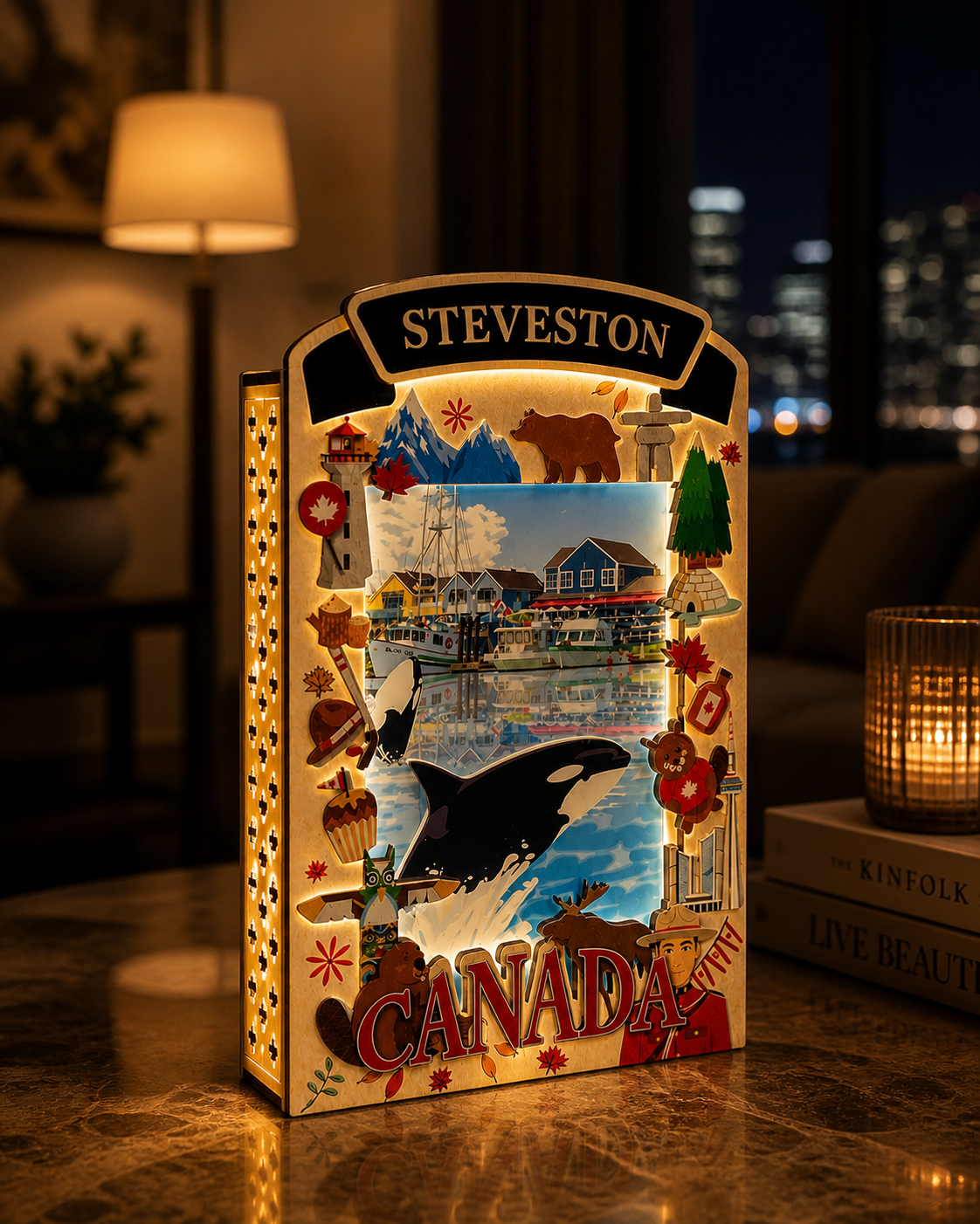 Light Up Shadow Box featuring Steveston Whale Watch scene by New Klondike Arts and Media, illuminated display with marine imagery.