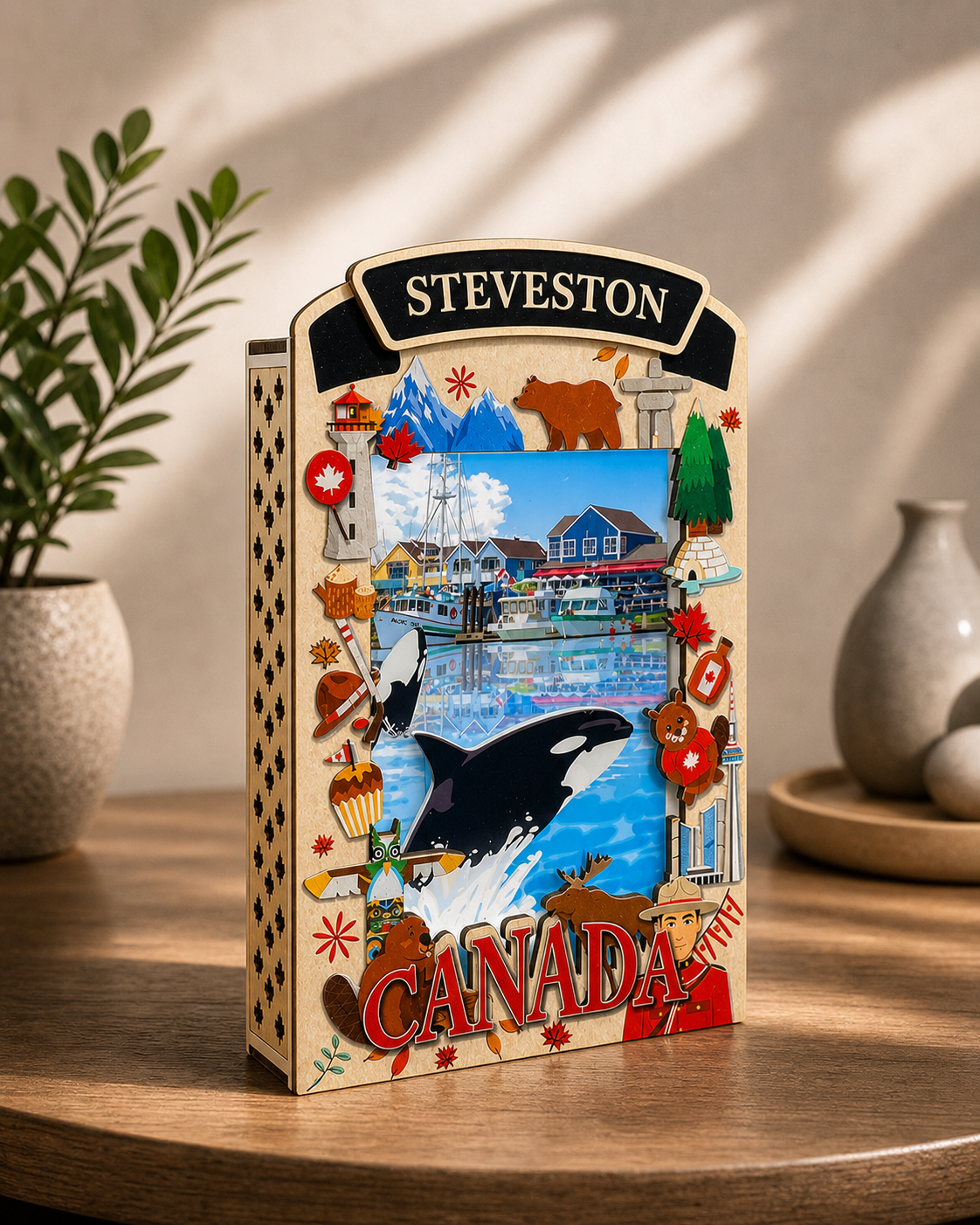 Light Up Shadow Box featuring Steveston Whale Watch design by New Klondike Arts and Media, illuminated display with nautical theme.
