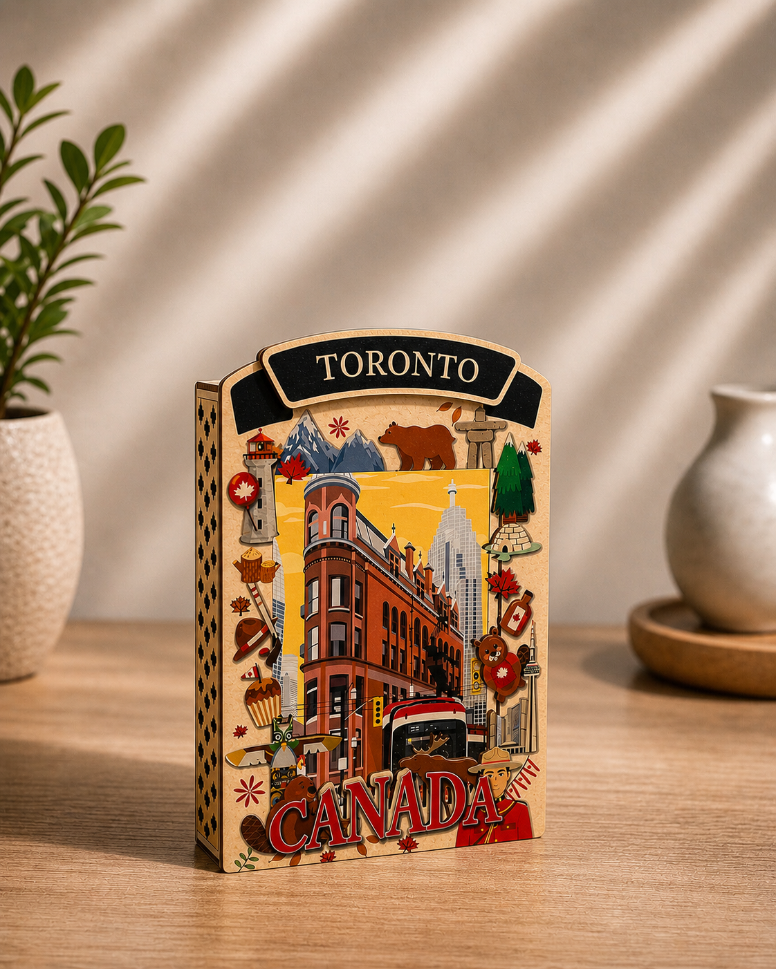 Light Up Shadow Box featuring Toronto street car by New Klondike Arts and Media, with illuminated city scene and vintage transit details.