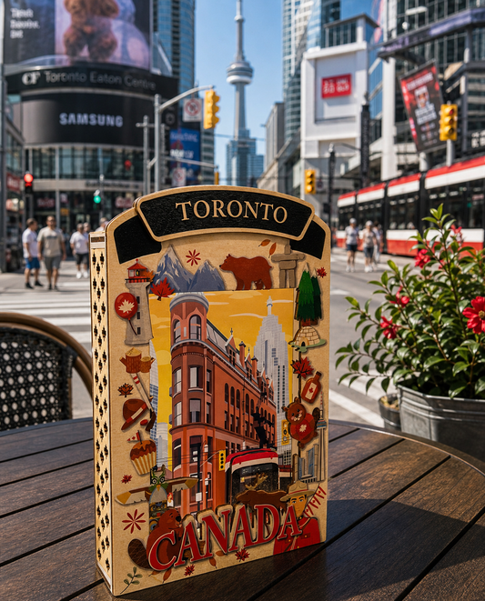 Light Up Shadow Box featuring Toronto street car by New Klondike Arts and Media, illuminated display with cityscape details.