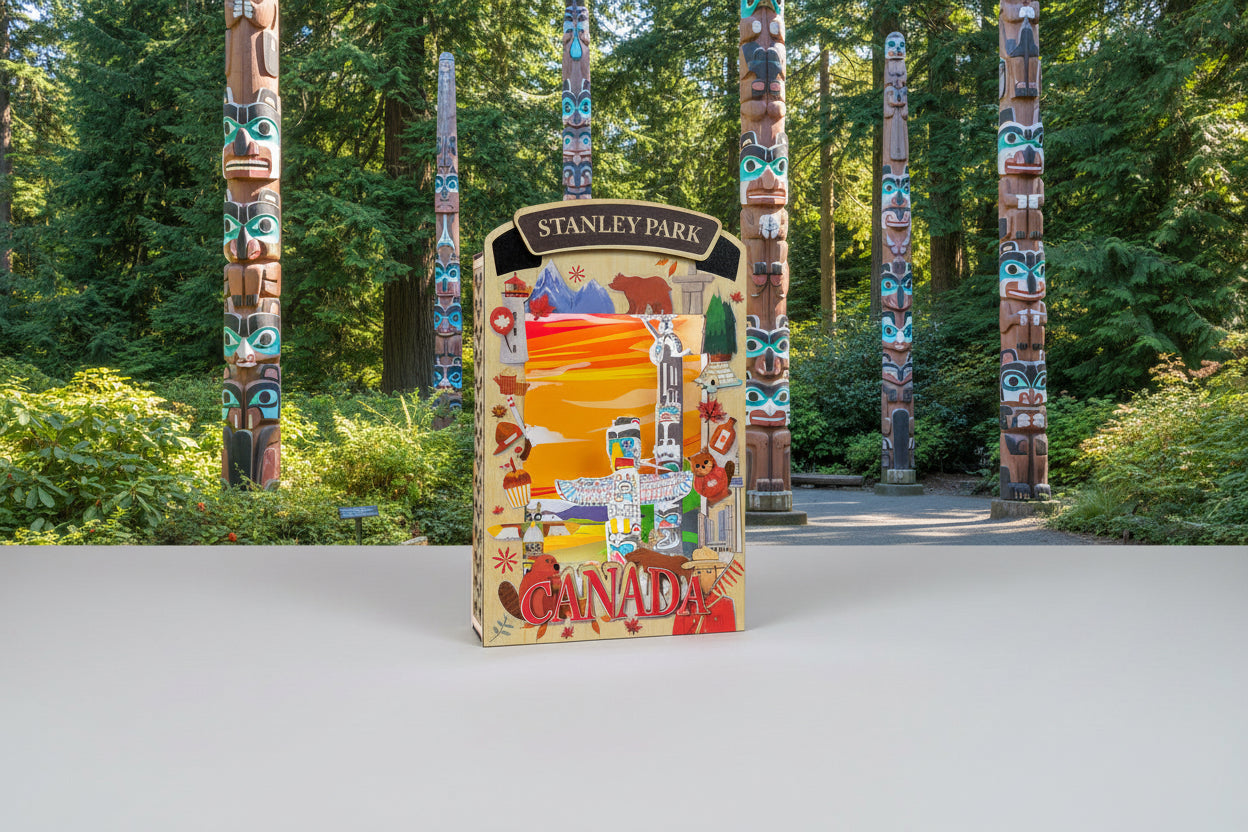 Light up shadow box featuring scenic Stanley Park design by New Klondike Arts and Media, with illuminated nature imagery.