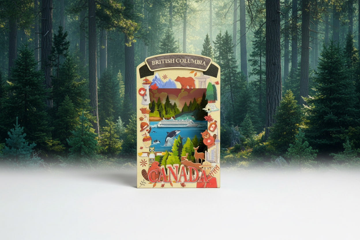 Light Up Shadow Box featuring British Columbia scenery by New Klondike Arts and Media, illuminated display with nature-inspired design.
