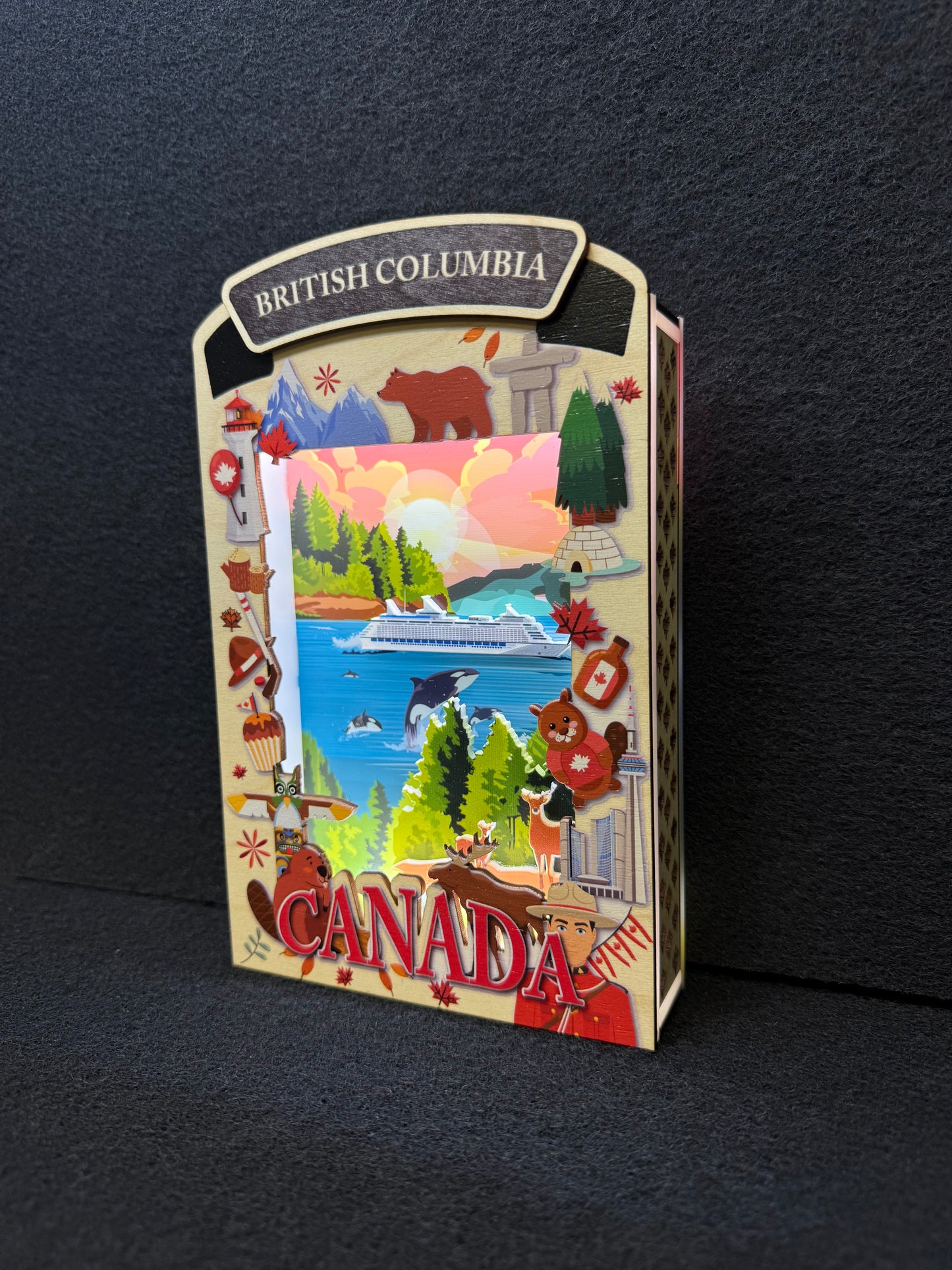 Light Up Shadow Box featuring British Columbia scenery by New Klondike Arts and Media, illuminated with vibrant details.