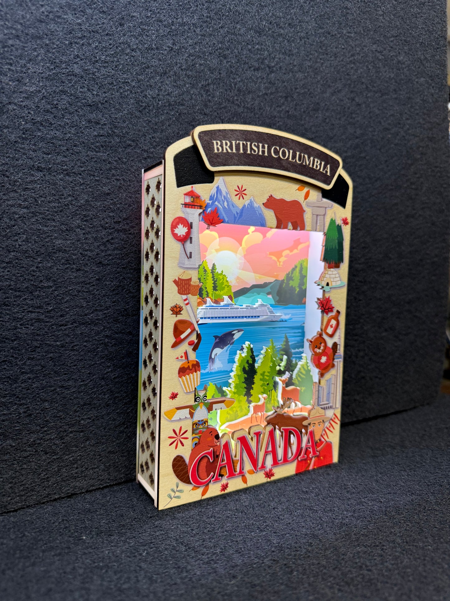 Light up shadow box featuring British Columbia scenery by New Klondike Arts and Media, illuminated display with vibrant landscape details