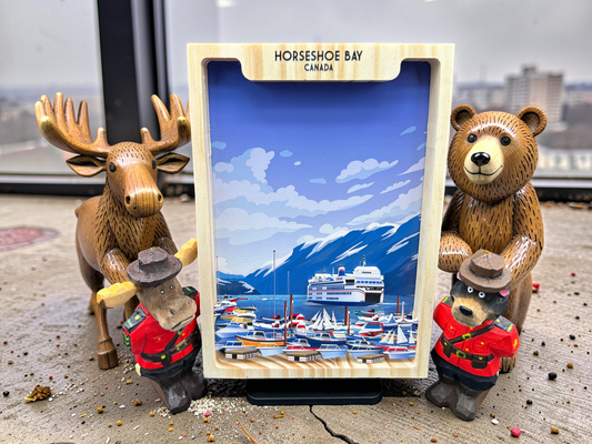 Handmade 5x7 shadow box featuring Horseshoe Bay Vancouver scene by New Klondike Arts and Media.